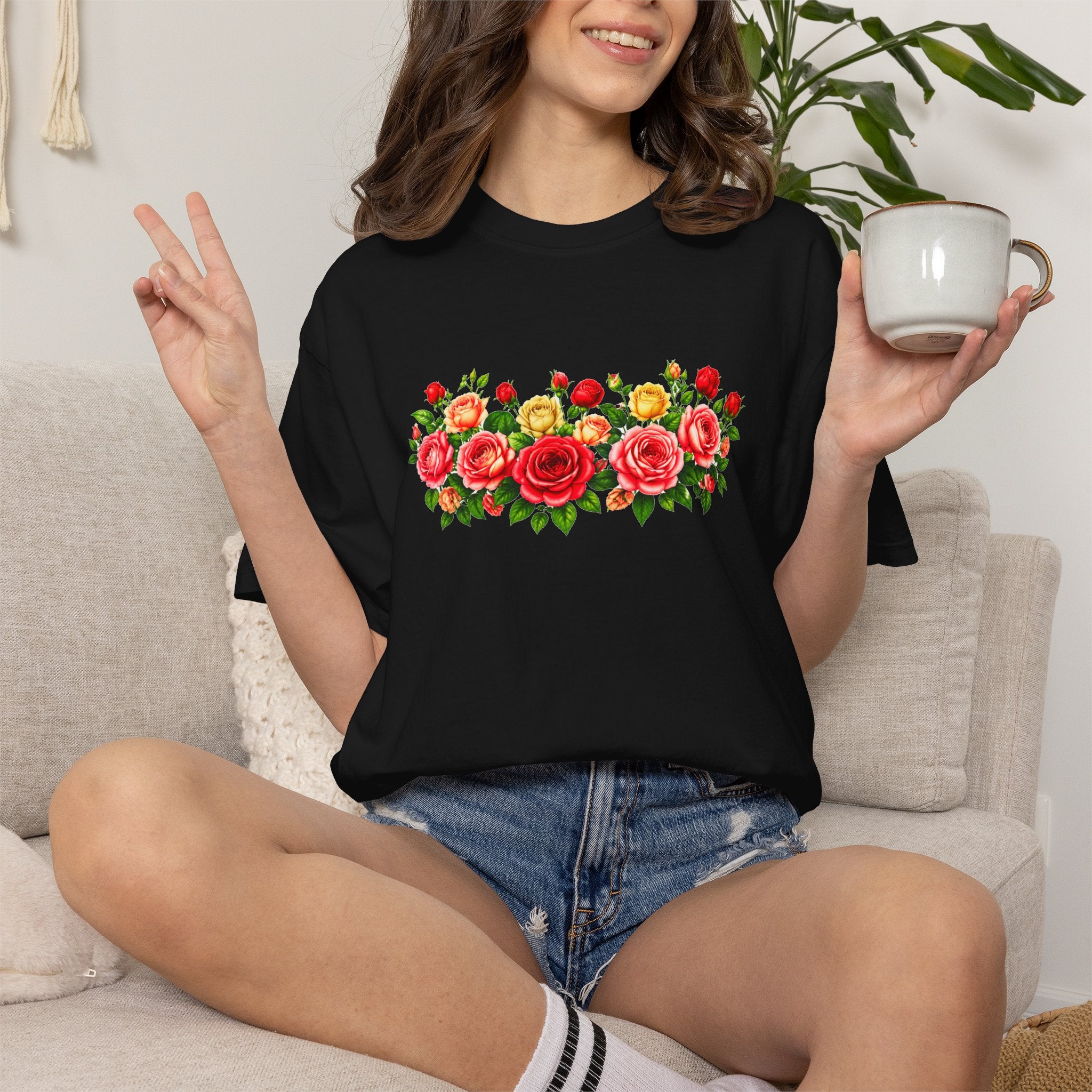 Colorful Floral T-Shirt for Women, Rose Flower Shirt, Botanical Graphic Tee, Cute Garden Shirt, Cottagecore Gift, Comfort Colors Tee