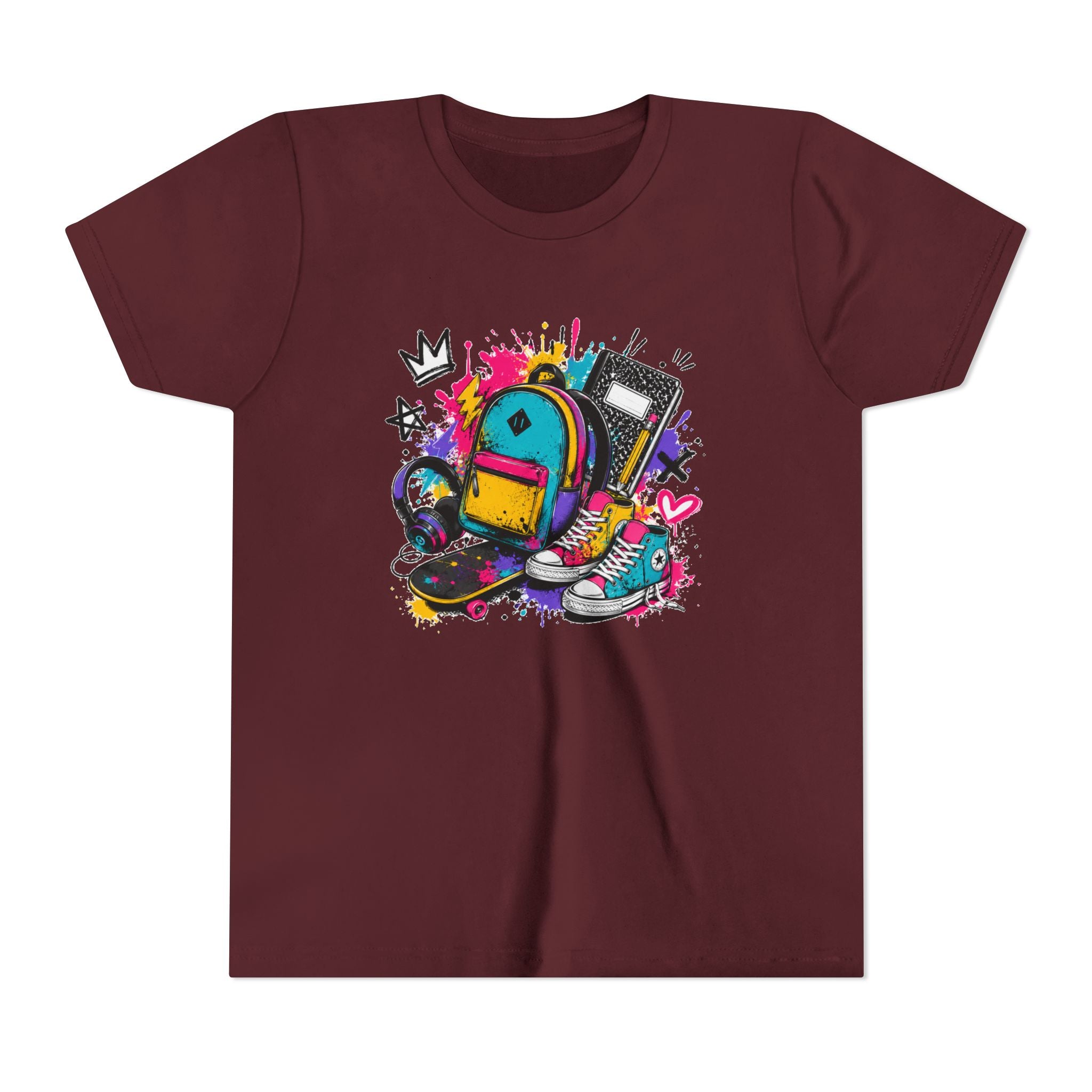 Youth Tee — Colorful Back-to-School Backpack Skateboard Graphic