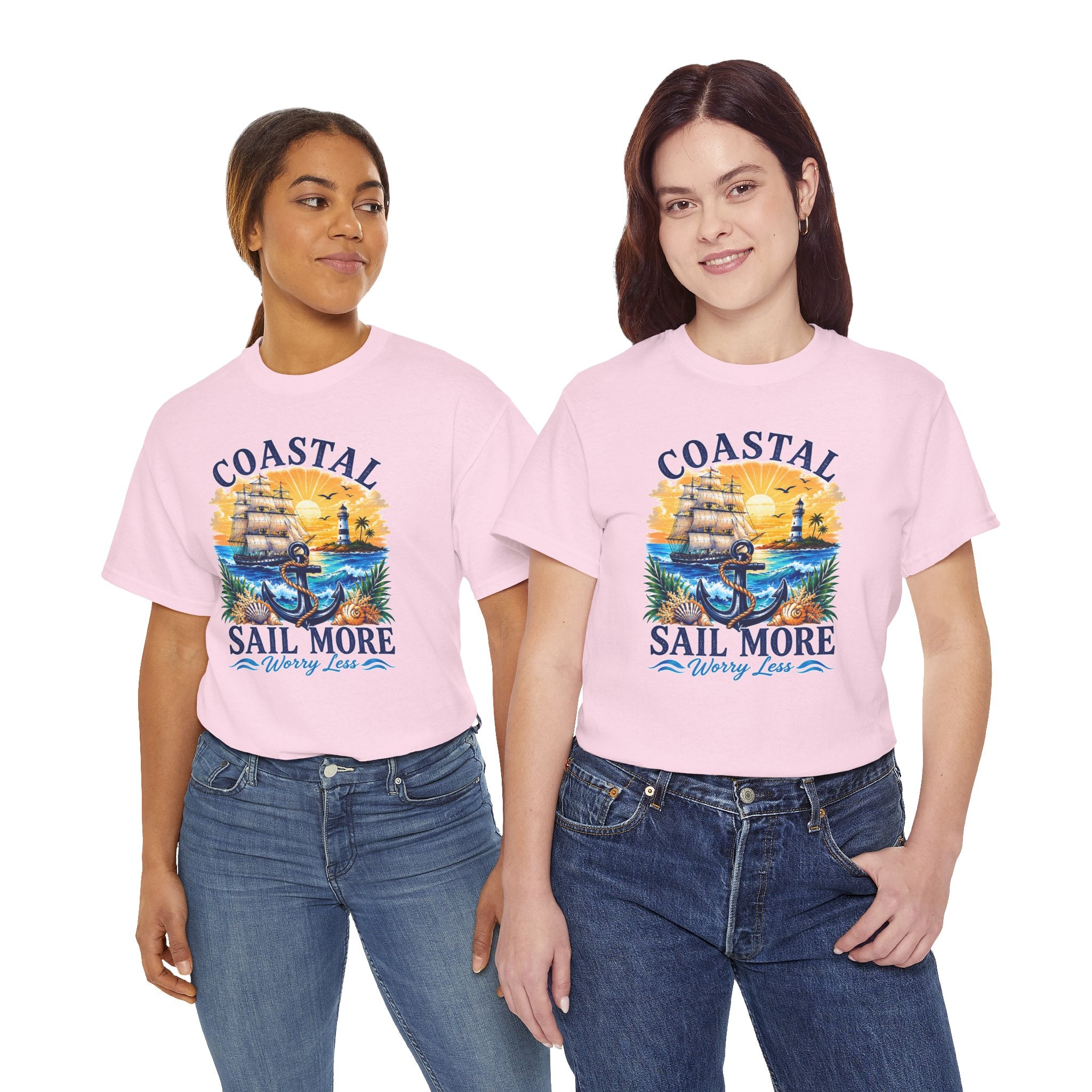 Coastal Sail More Worry Less T-Shirt | Nautical Beach Graphic Tee | Sailing Lover Shirt | Ocean Sunset Gift