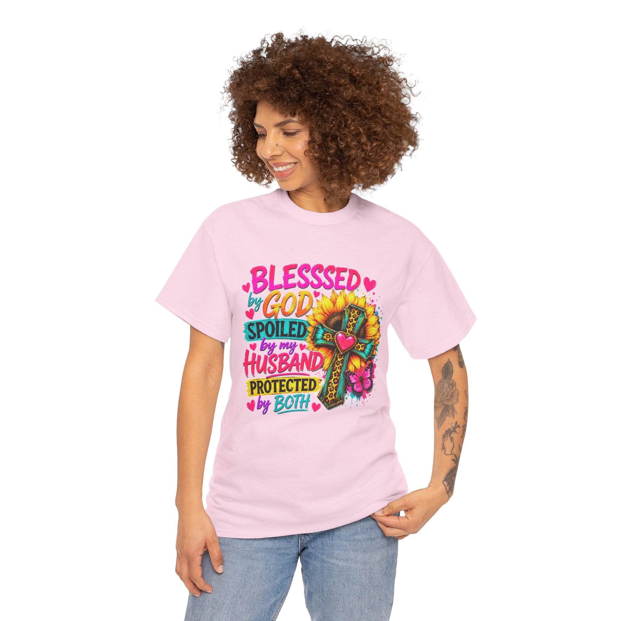 Blessed by God Spoiled by My Husband Tee — Christian Cross Floral Women's Shirt