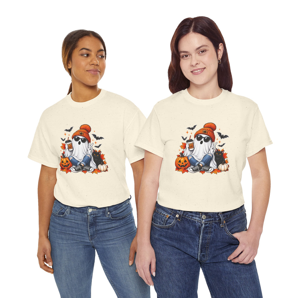 Halloween Ghost T-Shirt, Cute Spooky Pumpkin Cat Tee, Cozy Fall Coffee Graphic Shirt, Halloween Gift for Her