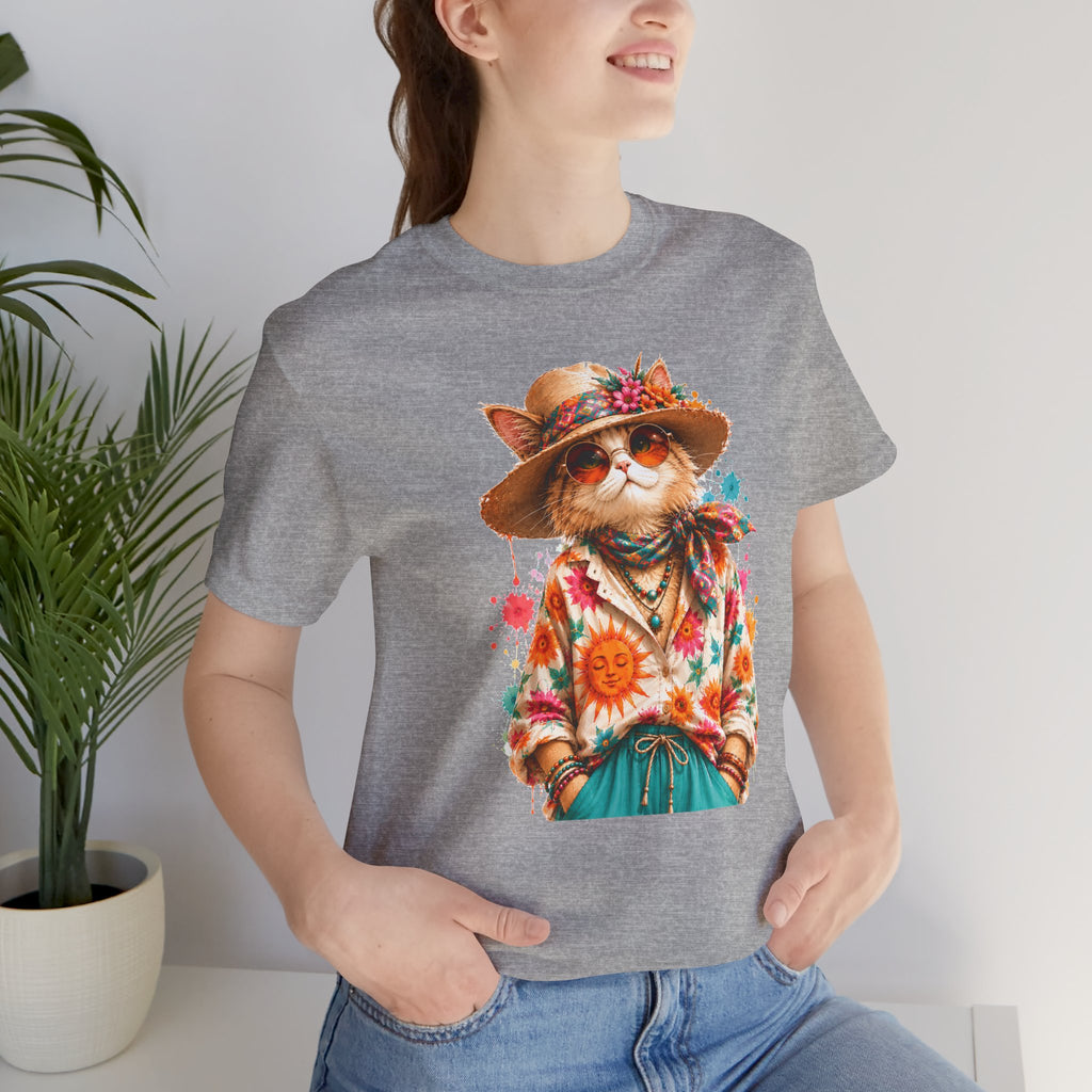Boho Cat Graphic Tee — Floral Hat & Sunshine Cat T-Shirt