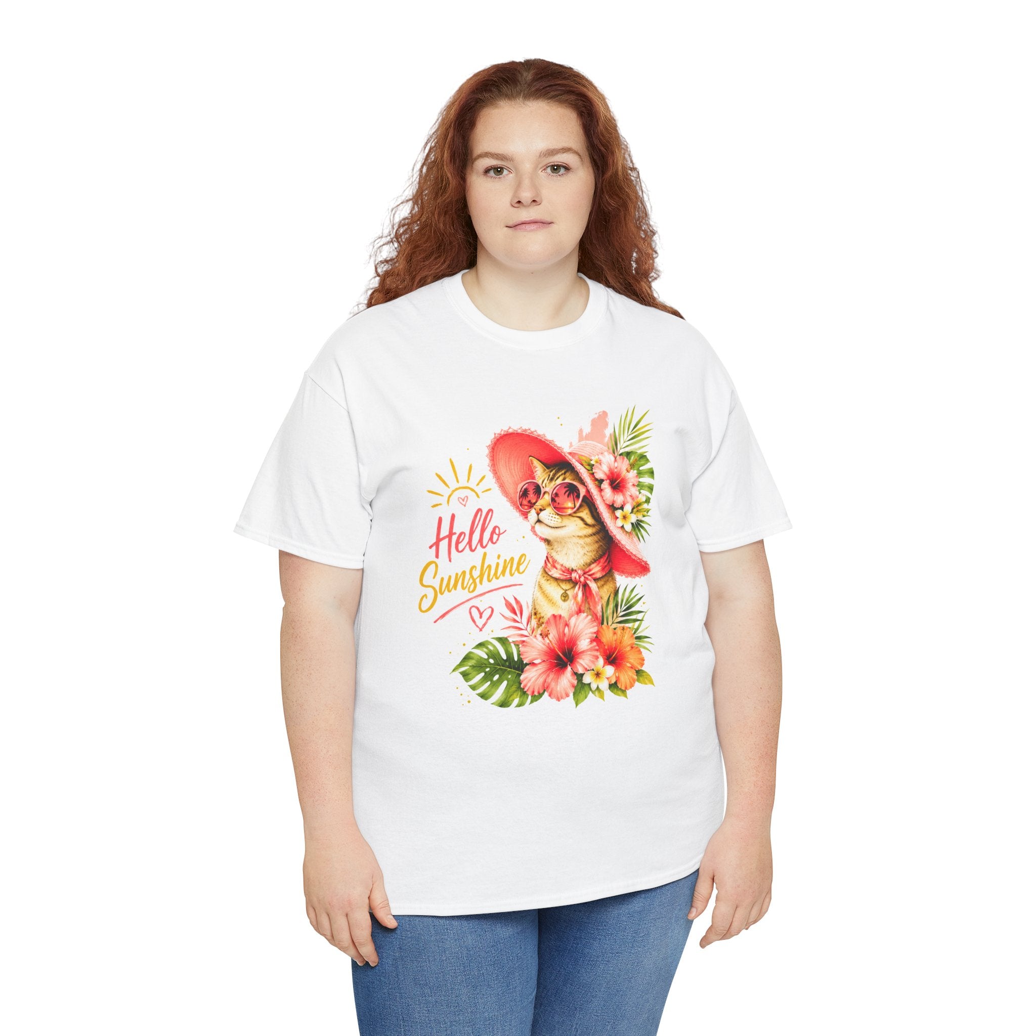 Hello Sunshine Cat Shirt | Cute Floral Cat T-Shirt | Tropical Summer Kitty Tee | Cat Lover Gift | Cute Women's Graphic Tee