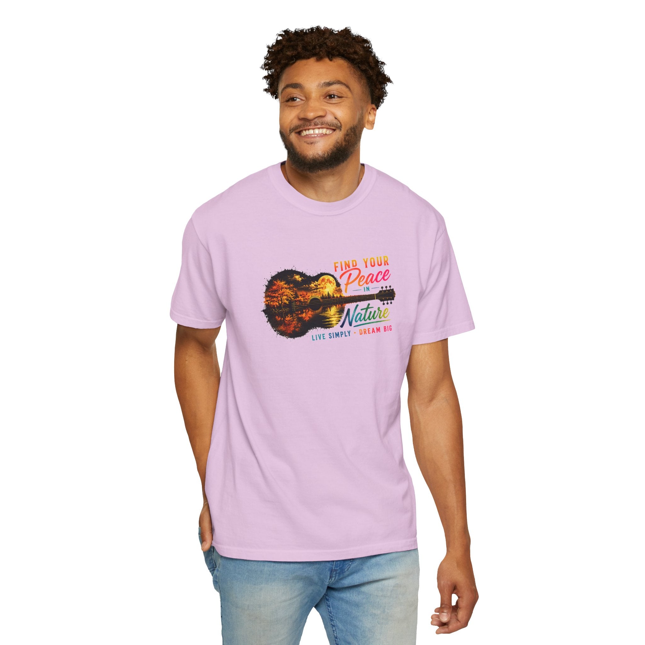 Acoustic Guitar Nature T-Shirt, Find Your Peace in Nature Tee, Music Lover Gift, Camping Shirt, Outdoor Graphic Tee, Hiking Shirt
