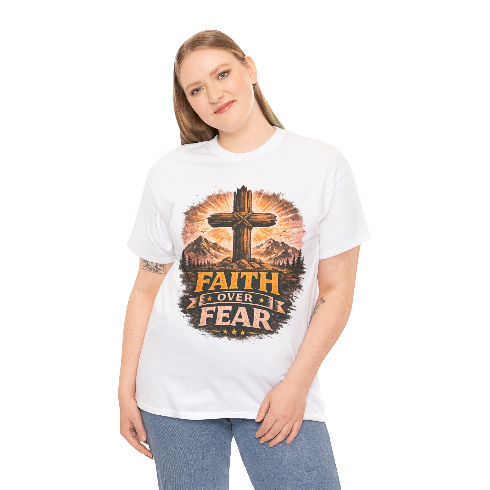 Faith Over Fear T-Shirt | Christian Cross Shirt | Religious Graphic Tee | Bible Verse Gift | Men's Faith Shirt
