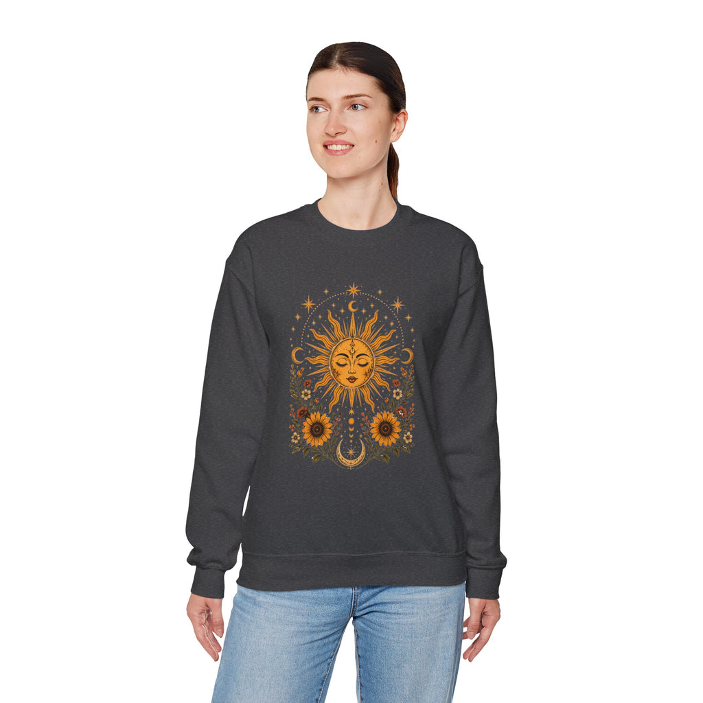 Sun & Sunflower Crewneck Sweatshirt, Boho Celestial Sweatshirt, Vintage Sun Graphic, Cozy Unisex Pullover, Gift for Her