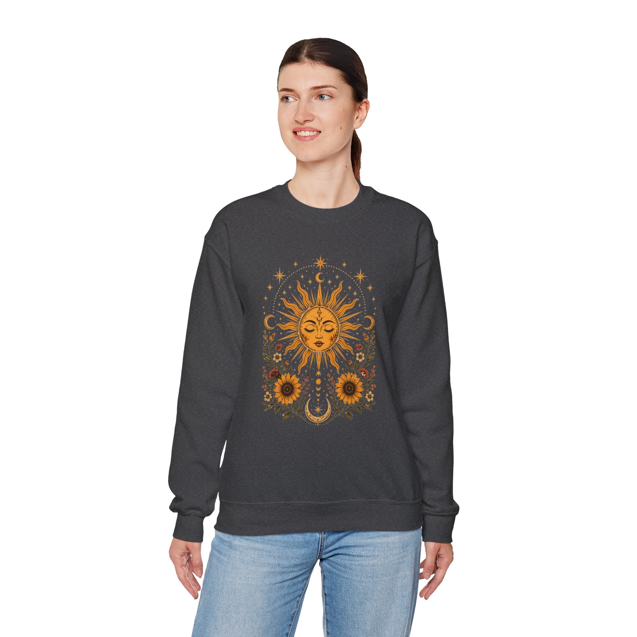 Sun & Sunflower Crewneck Sweatshirt, Boho Celestial Sweatshirt, Vintage Sun Graphic, Cozy Unisex Pullover, Gift for Her