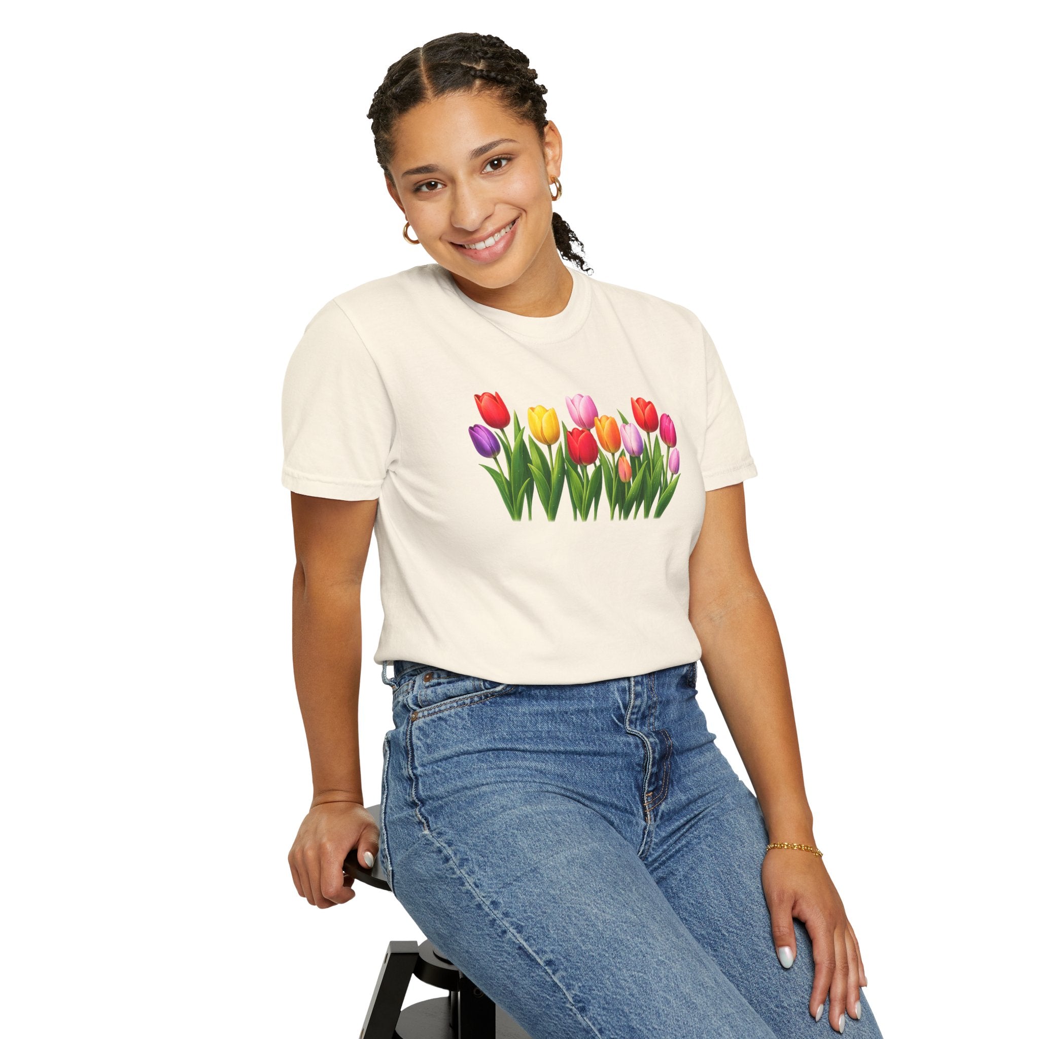 Colorful Tulip Shirt, Floral T-Shirt for Women, Botanical Graphic Tee, Spring Garden Shirt, Comfort Colors Tee