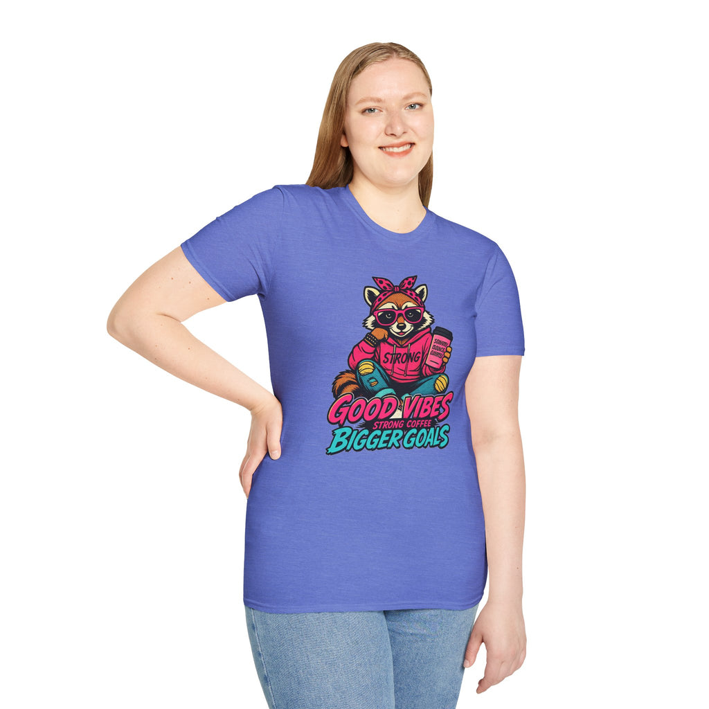 Good Vibes Bigger Goals T-Shirt — Raccoon Coffee Motivation Tee