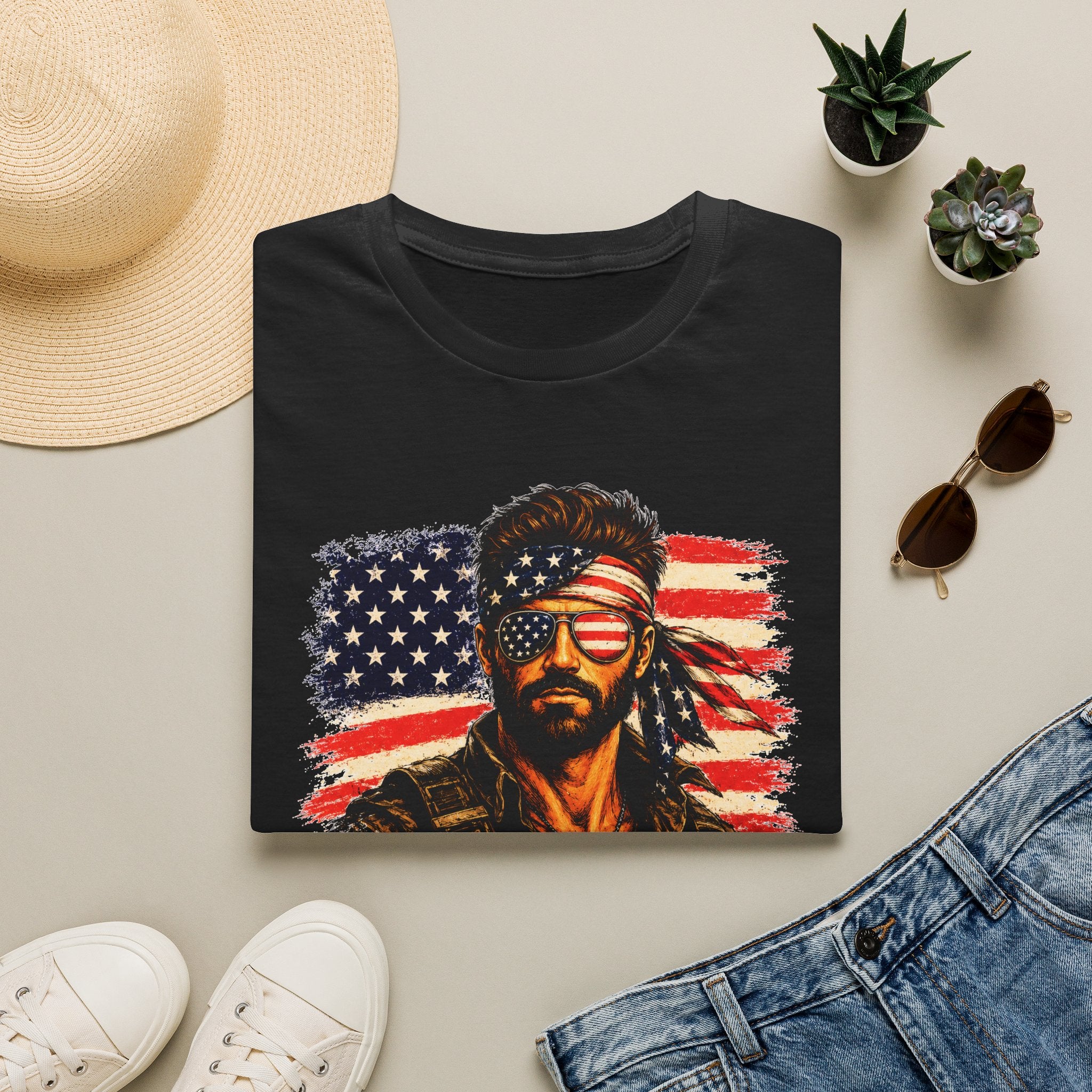 Patriotic Bandana Man T-Shirt — USA Flag Graphic Tee ("America")
