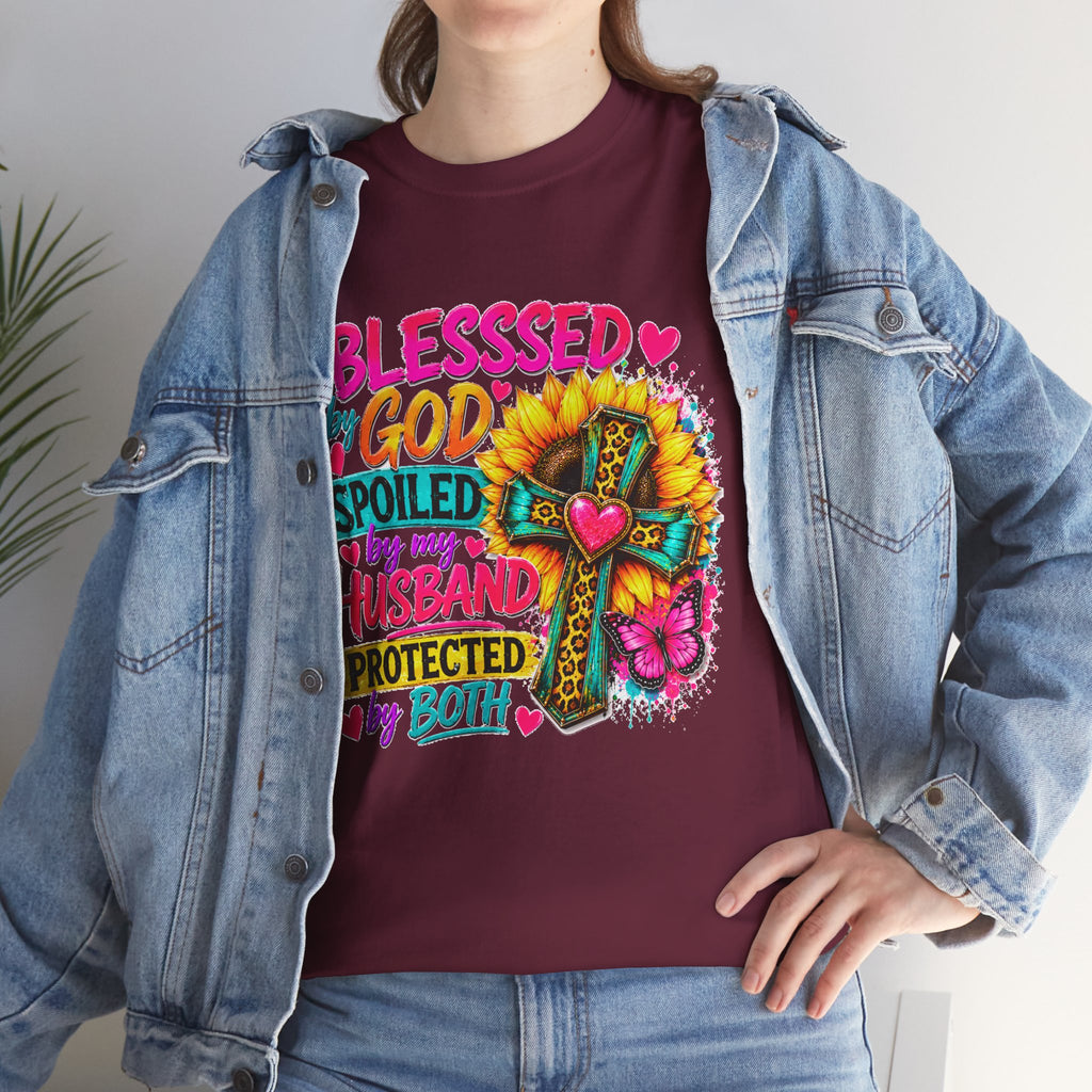 Blessed by God Spoiled by My Husband Tee — Christian Cross Floral Women's Shirt
