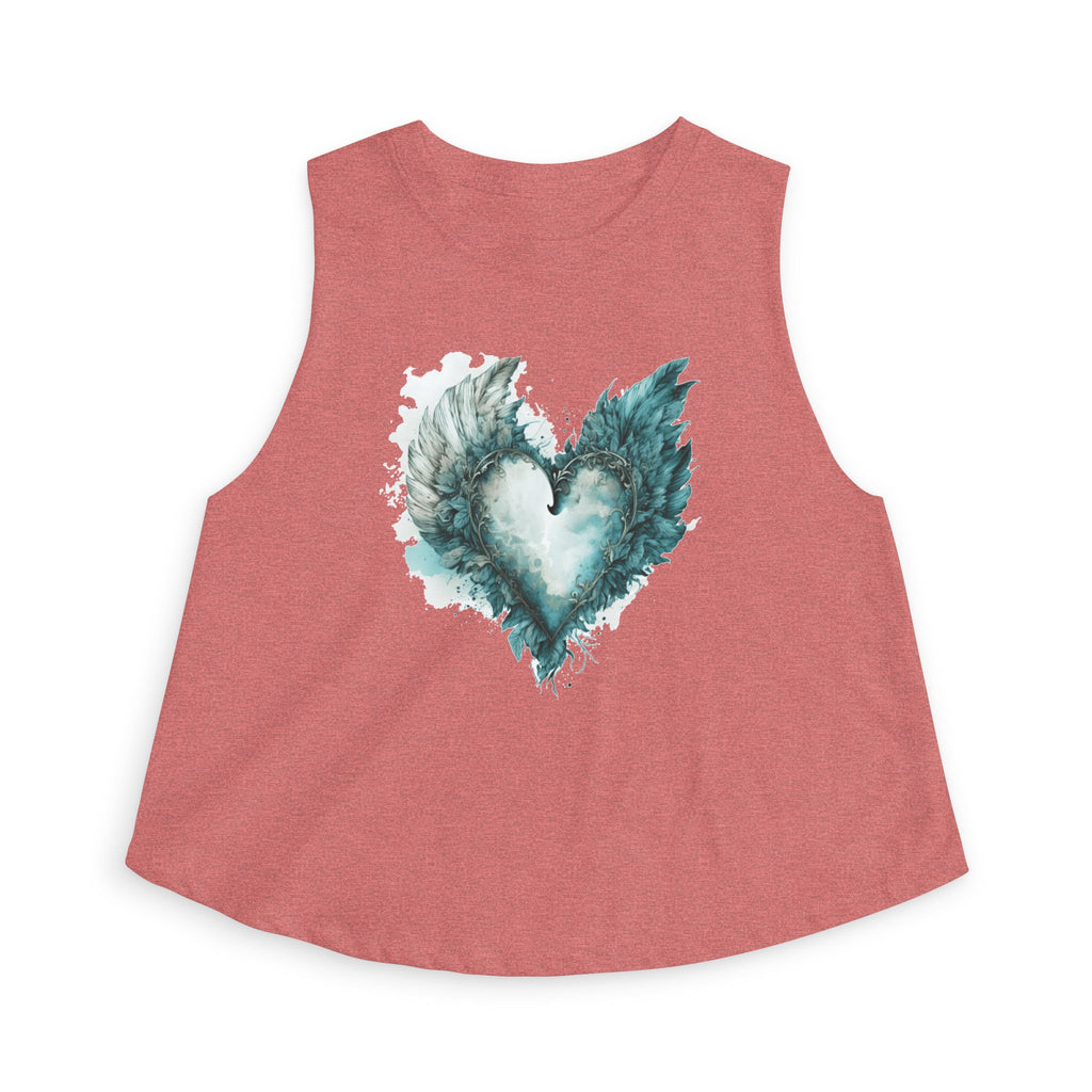 Winged Heart Crop Top, Angel Wings Heart Shirt, Teal Watercolor Graphic Crop Top, Aesthetic Women's Crop Tee