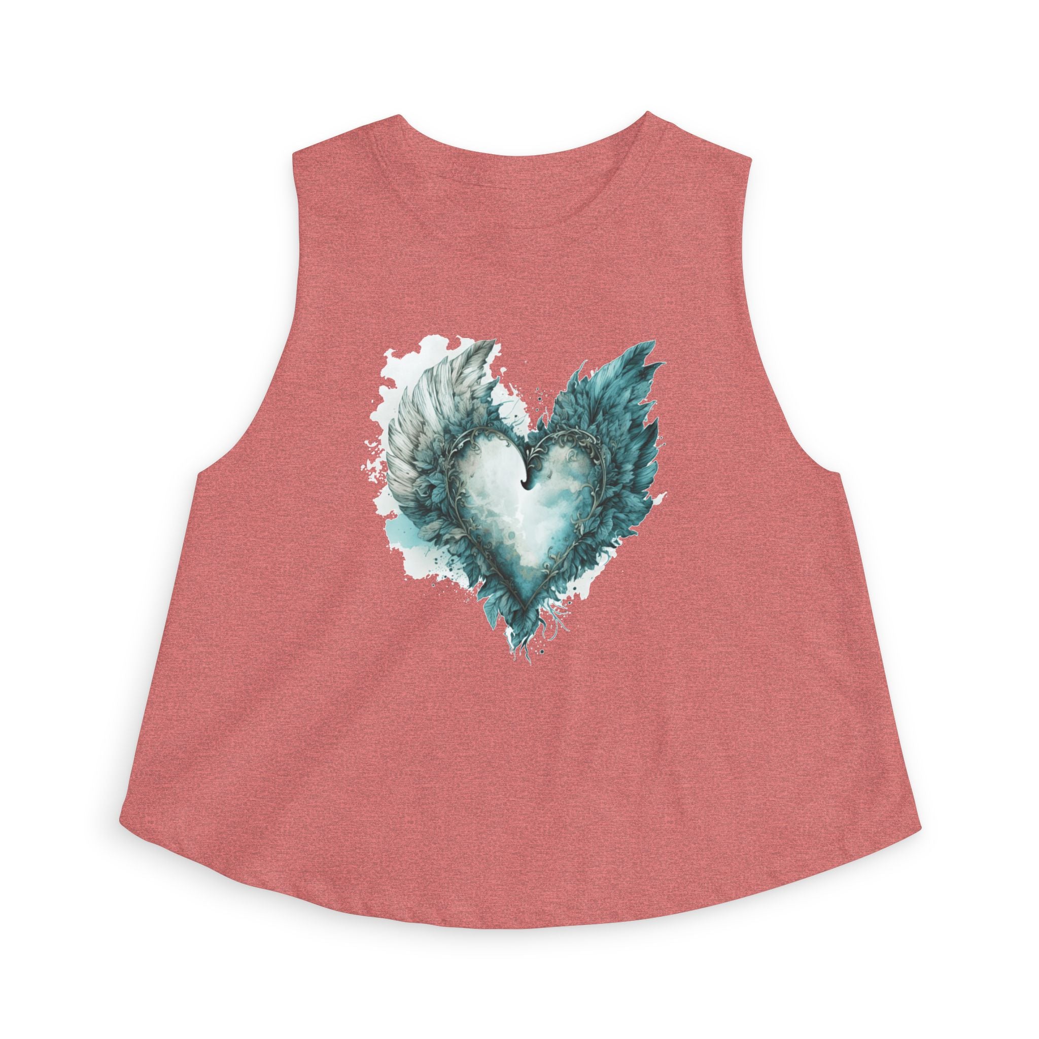 Winged Heart Crop Top, Angel Wings Heart Shirt, Teal Watercolor Graphic Crop Top, Aesthetic Women's Crop Tee