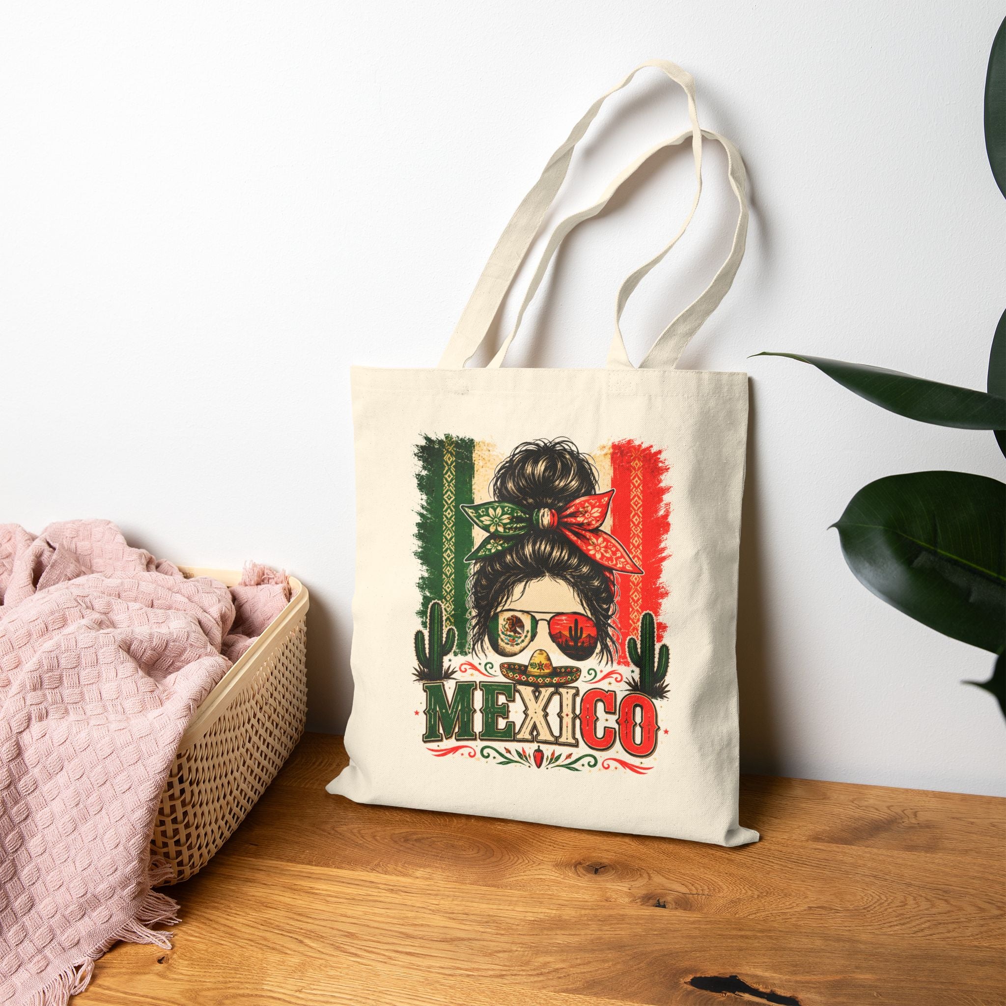 Mexico Messy Bun Tote Bag – Mexican Flag Sunglasses Canvas Tote