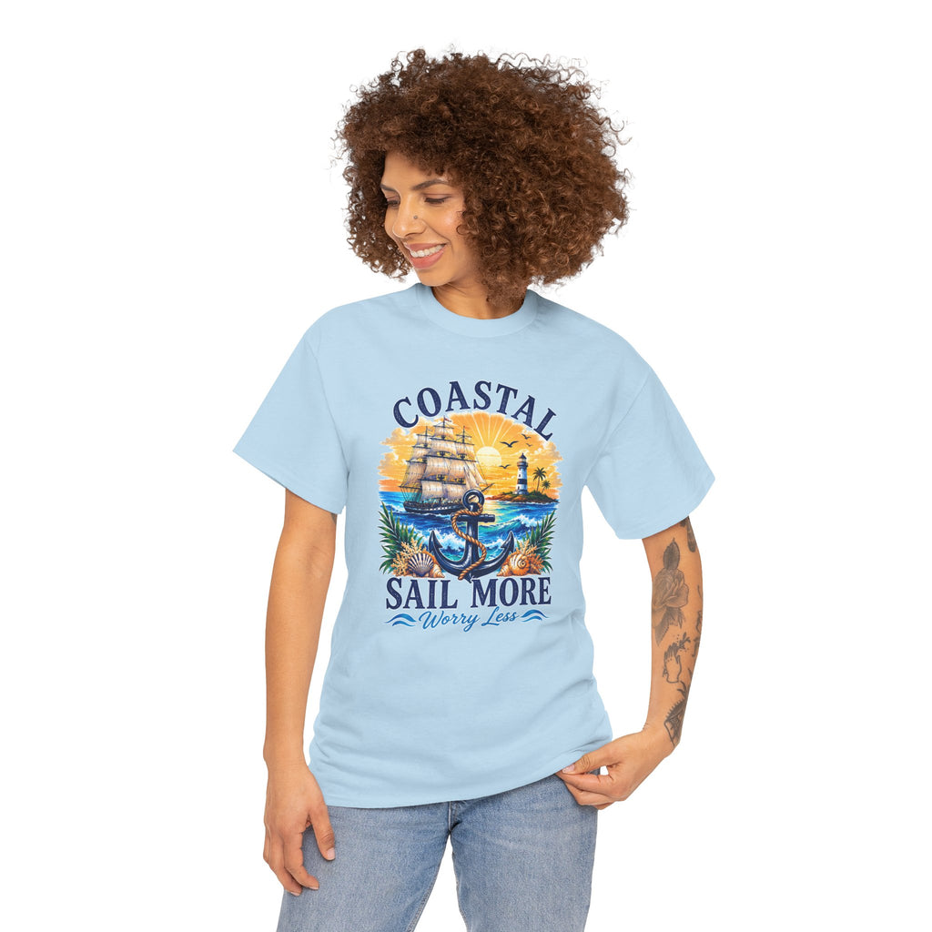 Coastal Sail More Worry Less T-Shirt | Nautical Beach Graphic Tee | Sailing Lover Shirt | Ocean Sunset Gift