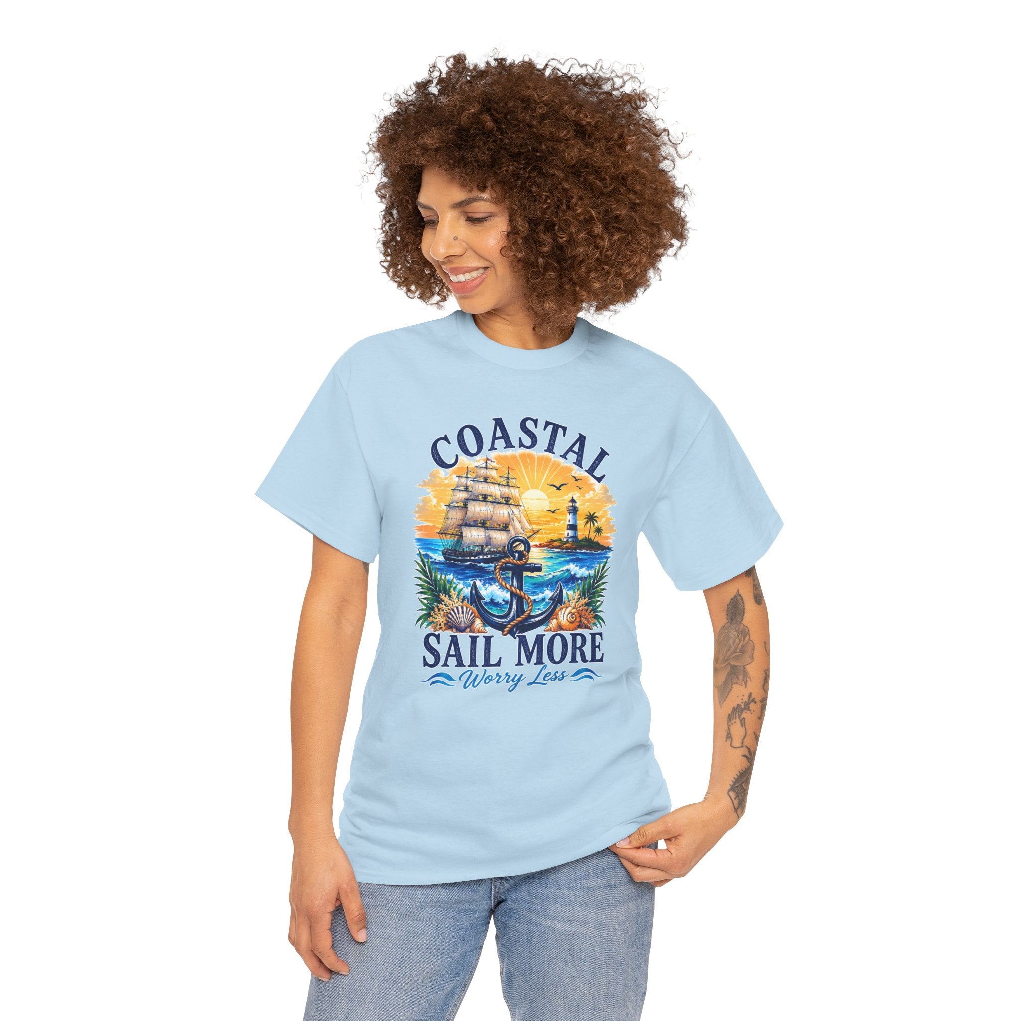 Coastal Sail More Worry Less T-Shirt | Nautical Beach Graphic Tee | Sailing Lover Shirt | Ocean Sunset Gift