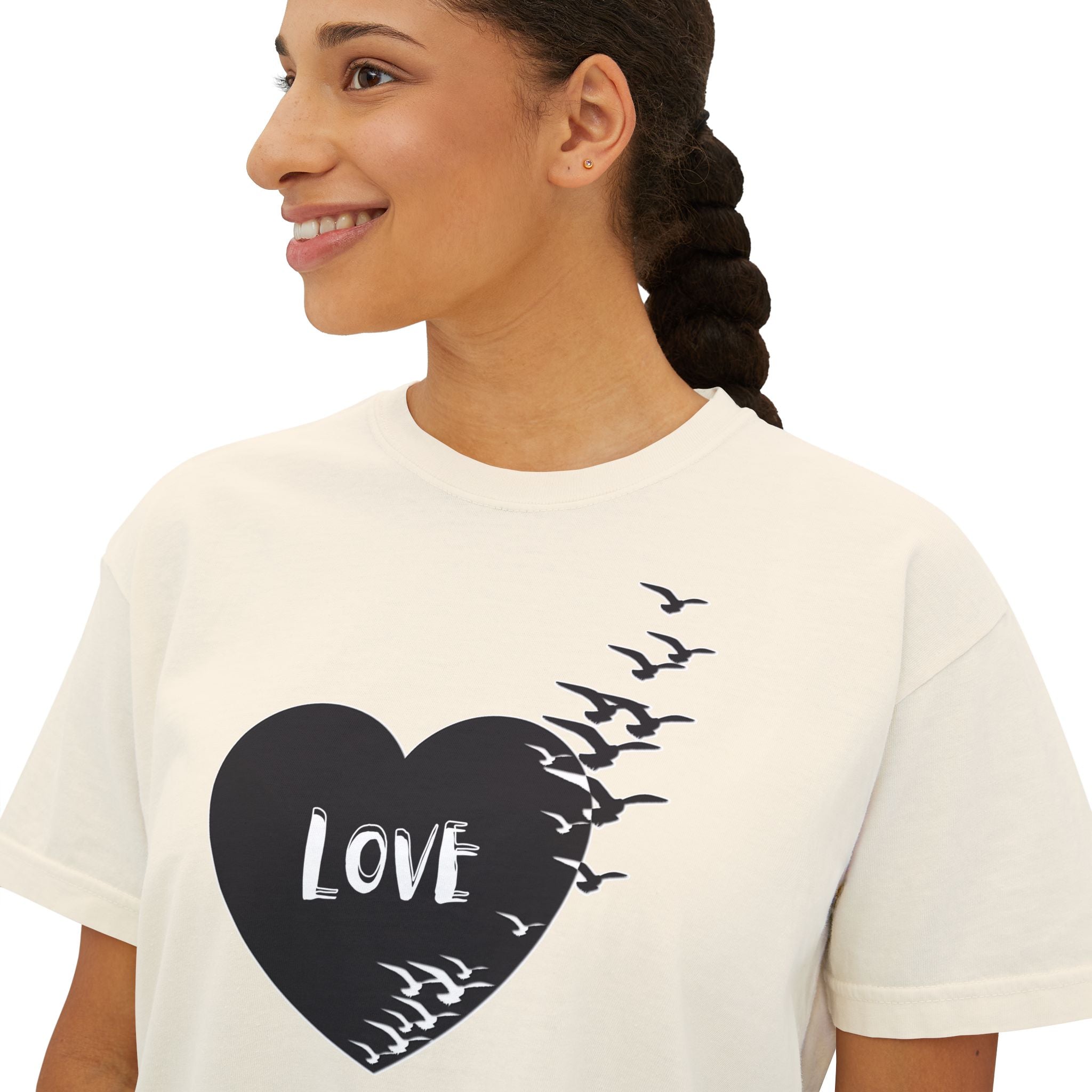 Love Bird Heart Boxy Tee — Women's Casual Graphic Shirt