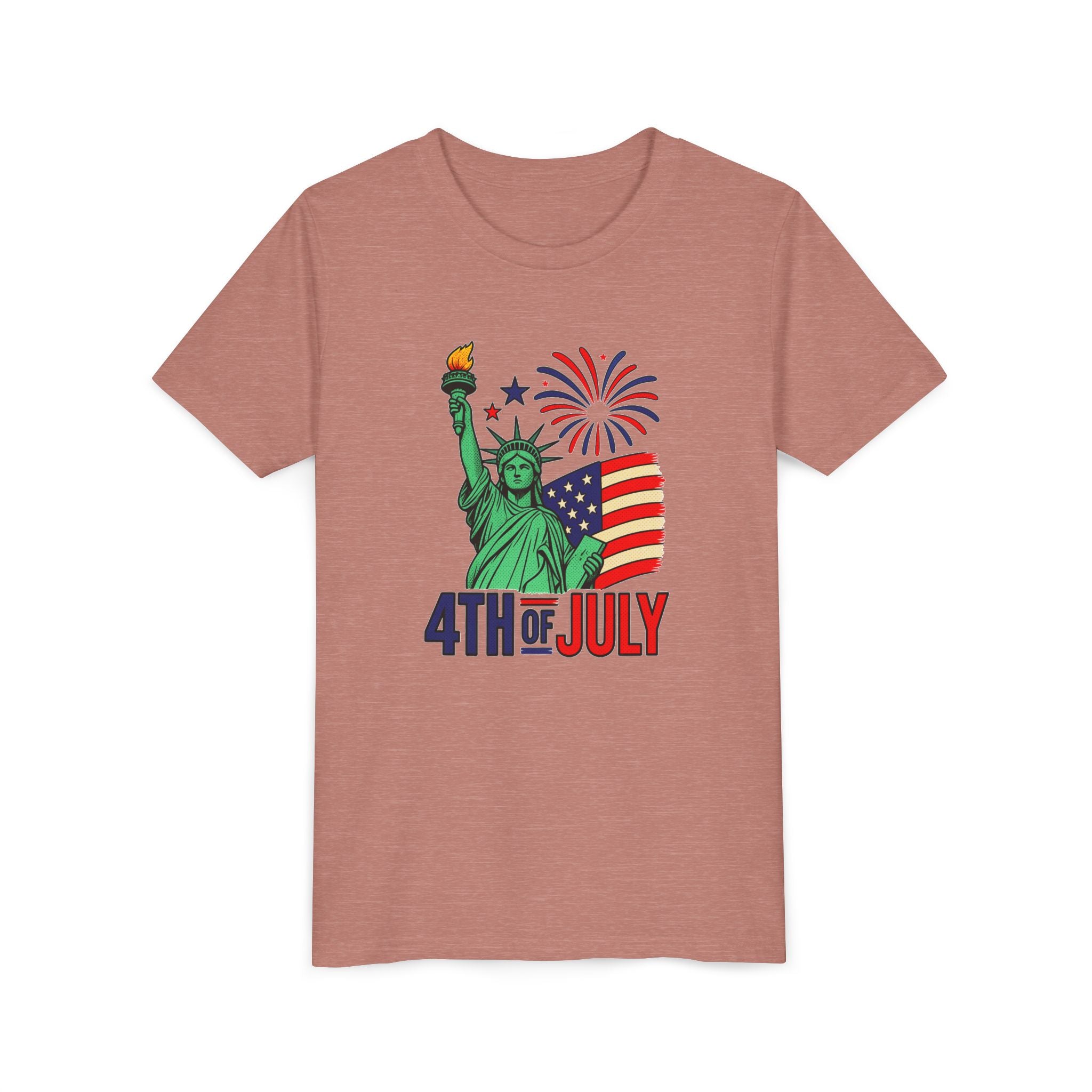 Kids 4th of July T-Shirt – Statue of Liberty, Flag & Fireworks Youth Tee