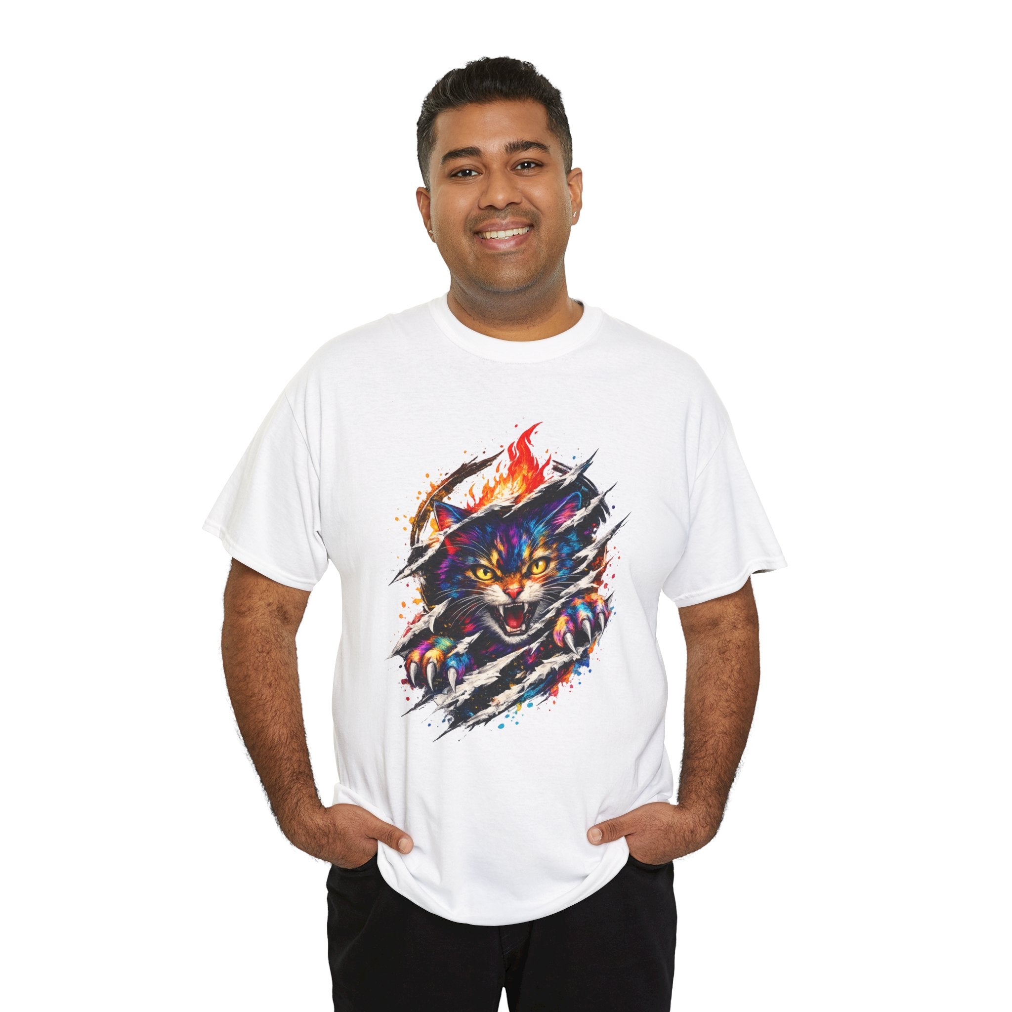 Colorful Angry Cat Rip Through Graphic Tee | Neon Cat T-Shirt | Unisex Streetwear Shirt | Fierce Cat Art | Gift for Cat Lovers