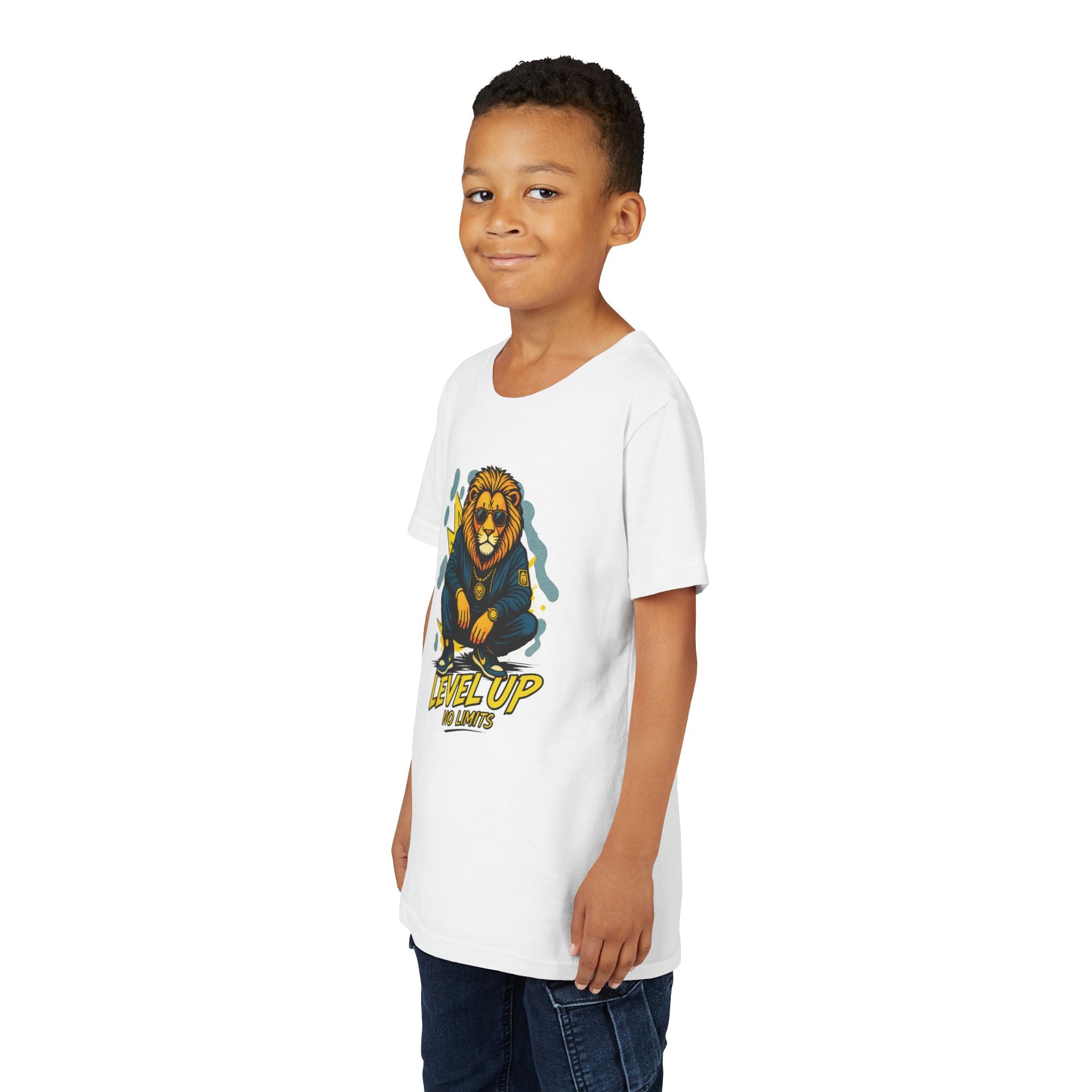 Youth Tee — 'Level Up No Limits' Lion Graphic Shirt
