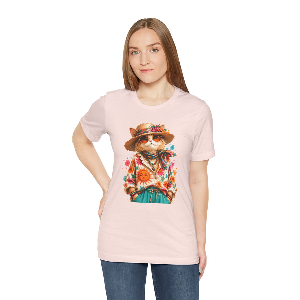 Boho Cat Graphic Tee — Floral Hat & Sunshine Cat T-Shirt