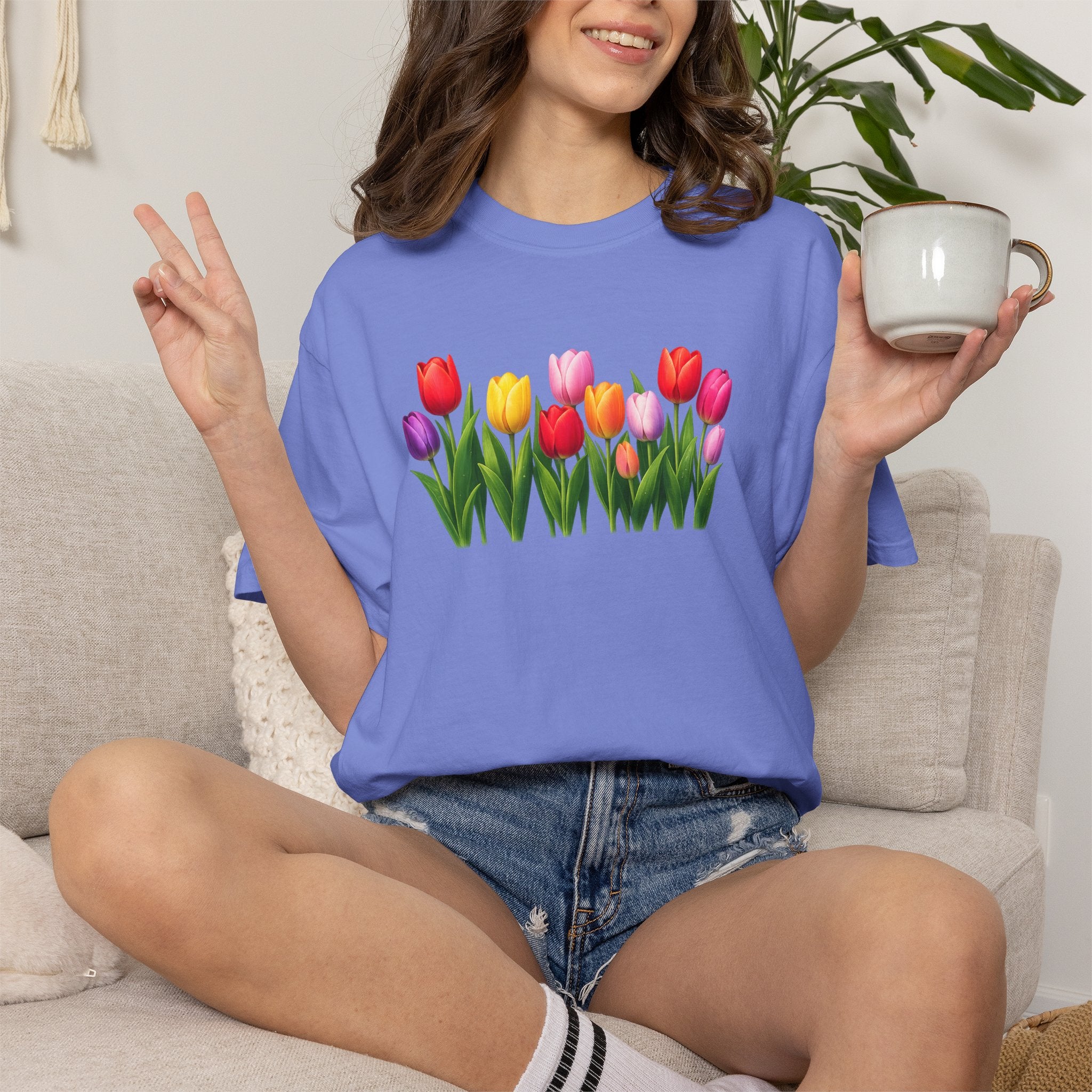 Colorful Tulip Shirt, Floral T-Shirt for Women, Botanical Graphic Tee, Spring Garden Shirt, Comfort Colors Tee