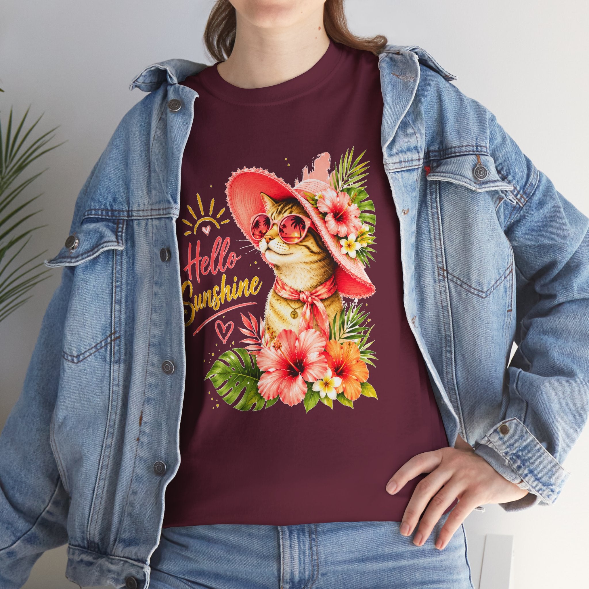 Hello Sunshine Cat Shirt | Cute Floral Cat T-Shirt | Tropical Summer Kitty Tee | Cat Lover Gift | Cute Women's Graphic Tee