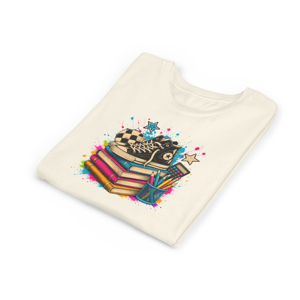 Kids Back-to-School Tee — Colorful Books, Sneakers & Pencils Graphic