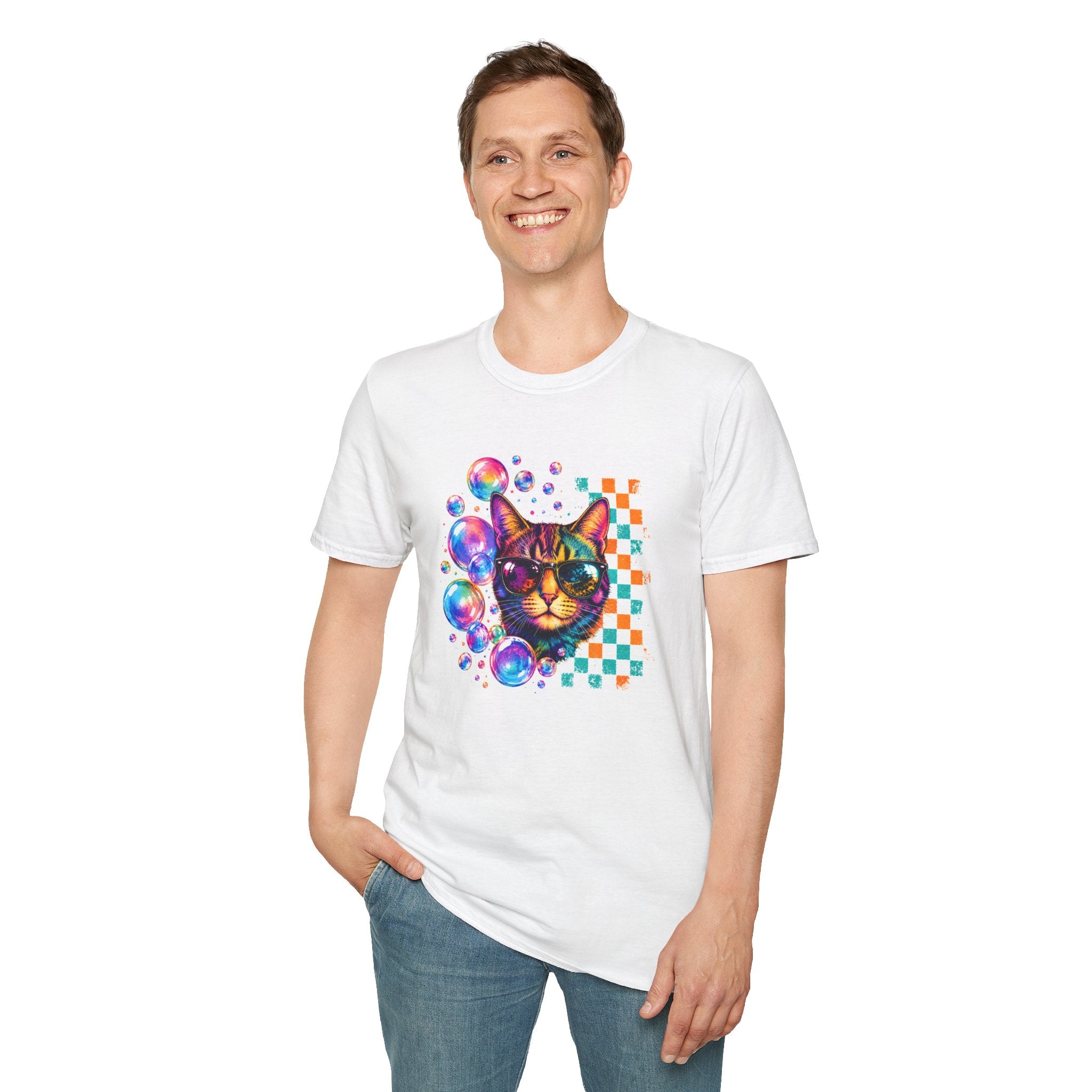 Colorful Cat Sunglasses T-Shirt, Retro Pop Art Cat Tee, Fun Graphic Shirt