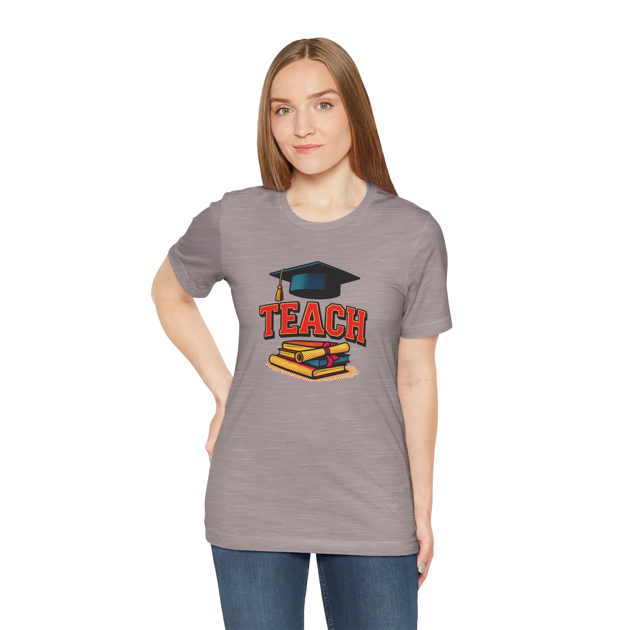 Teach Graduation T‑Shirt — Teacher Gift Tee with Cap & Books Design