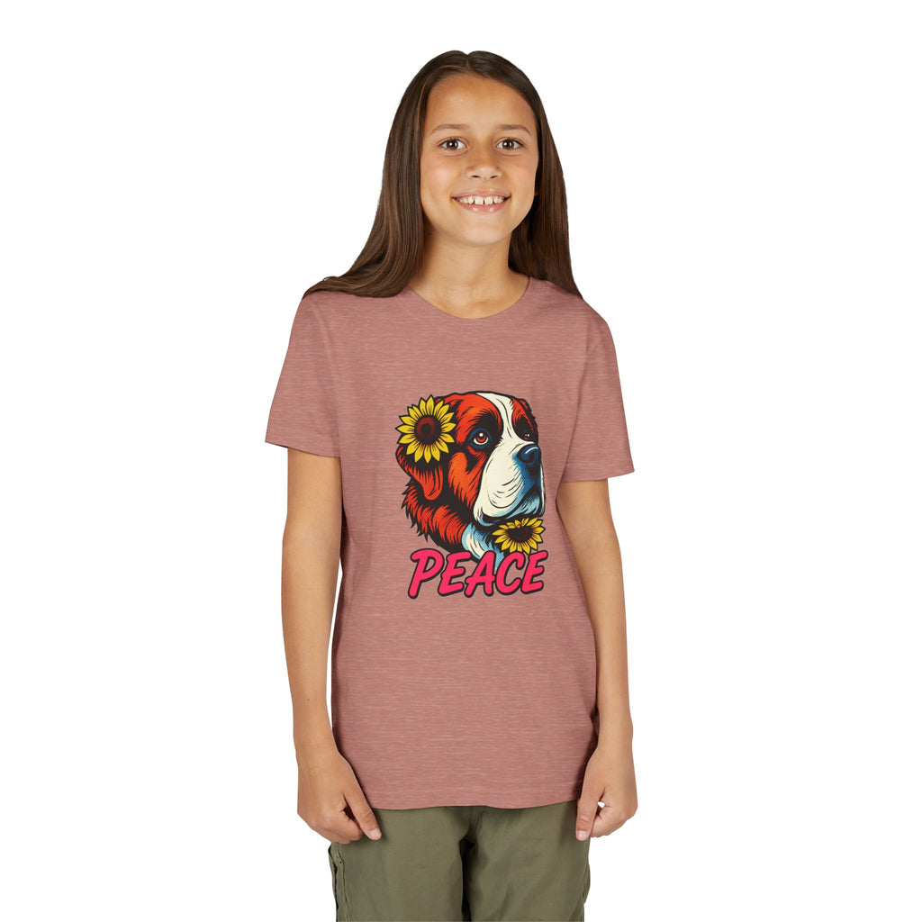 Youth Tee — Saint Bernard Dog with Sunflowers "Peace" Graphic