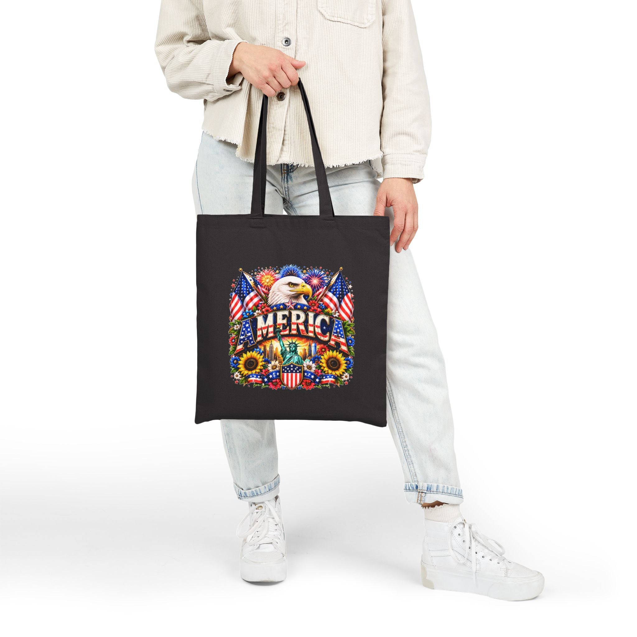 Patriotic America Tote Bag, Eagle Sunflower Tote, USA Flag Market Bag, Fourth of July Gift