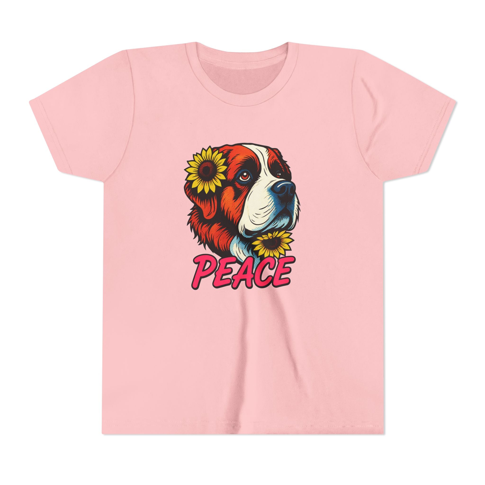 Youth Tee — Saint Bernard Dog with Sunflowers "Peace" Graphic