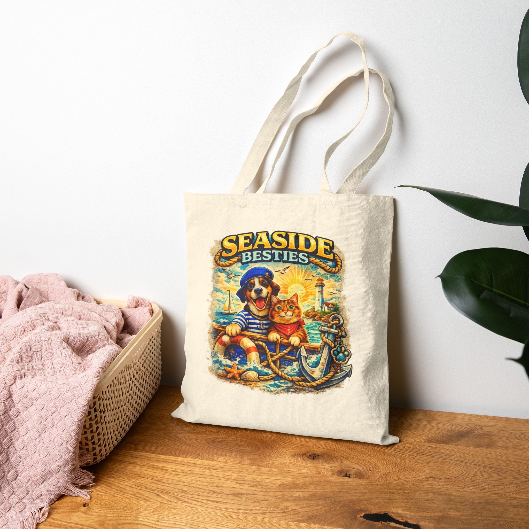 Seaside Besties Tote Bag | Beach Dog & Cat Tote Bag | Coastal Canvas Bag | Ocean Lover Gift