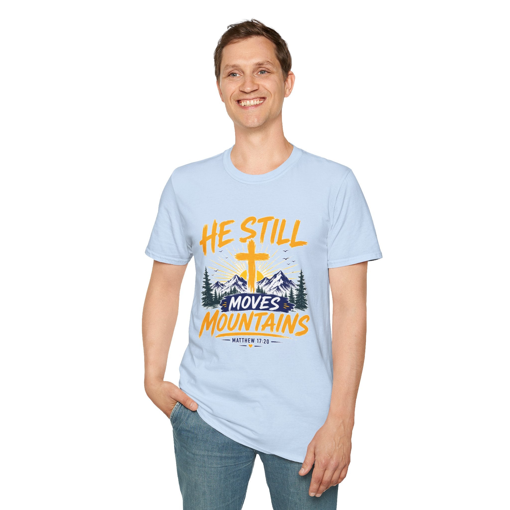 He Still Moves Mountains Shirt, Christian T-Shirt, Faith Cross Tee, Bible Verse Shirt, Religious Gift
