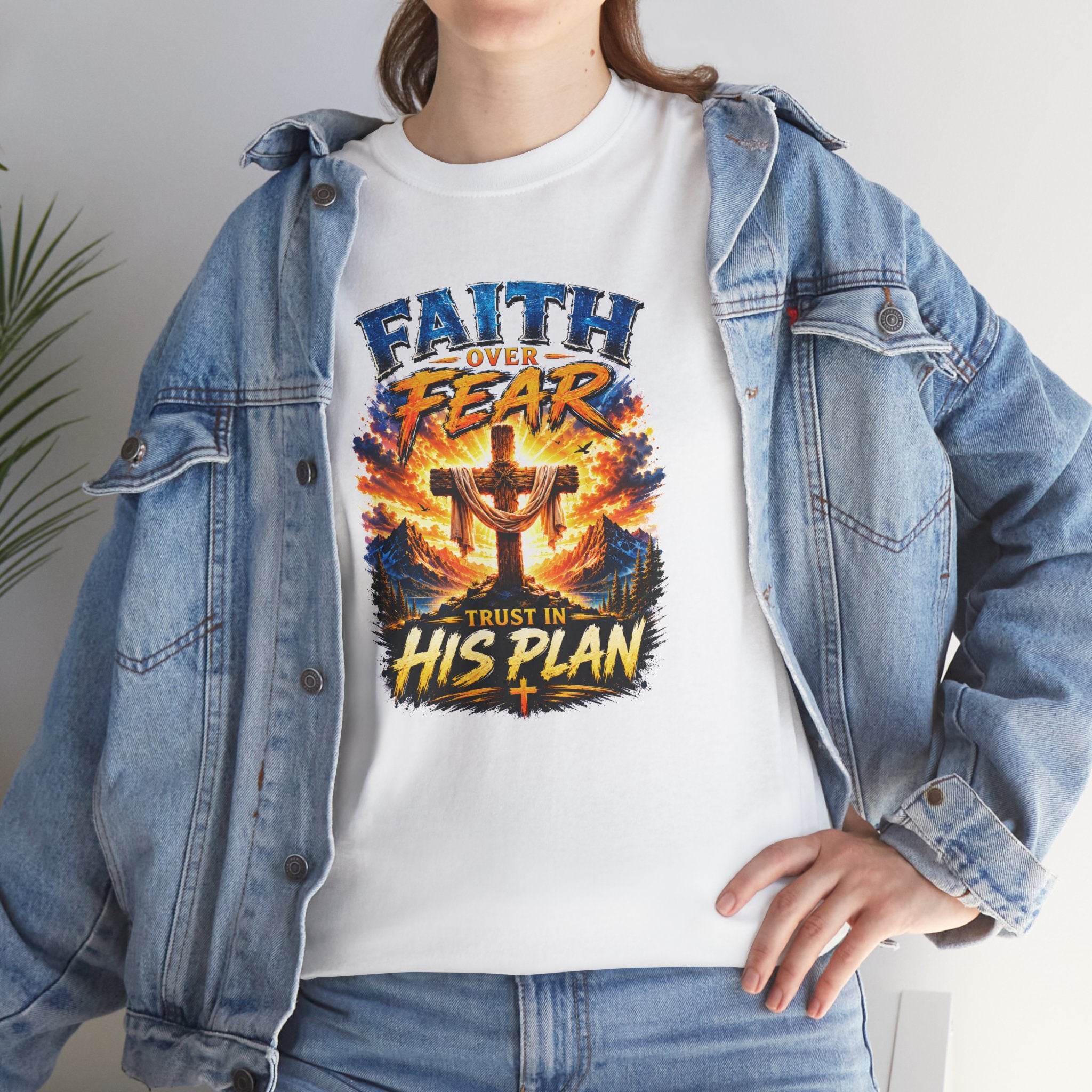 Faith Over Fear Christian T-Shirt | Trust in His Plan Cross Graphic Tee | Religious Unisex Shirt | Christian Gift