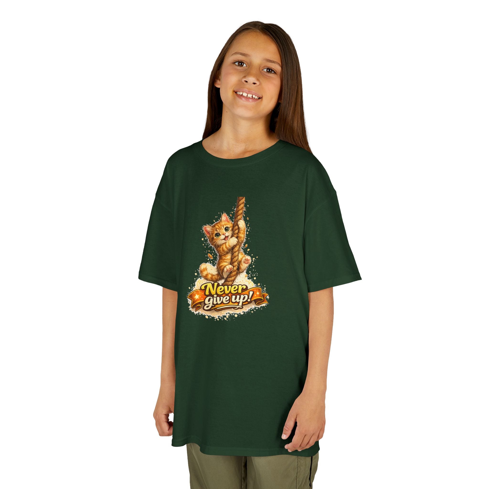 Kids Tee — Cute Climbing Kitten “Never Give Up” Inspirational Shirt