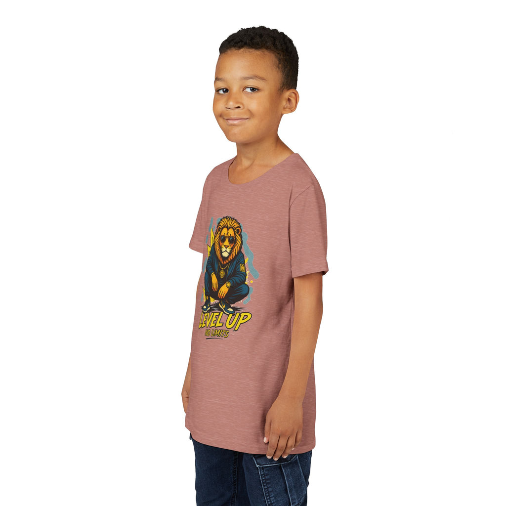 Youth Tee — 'Level Up No Limits' Lion Graphic Shirt