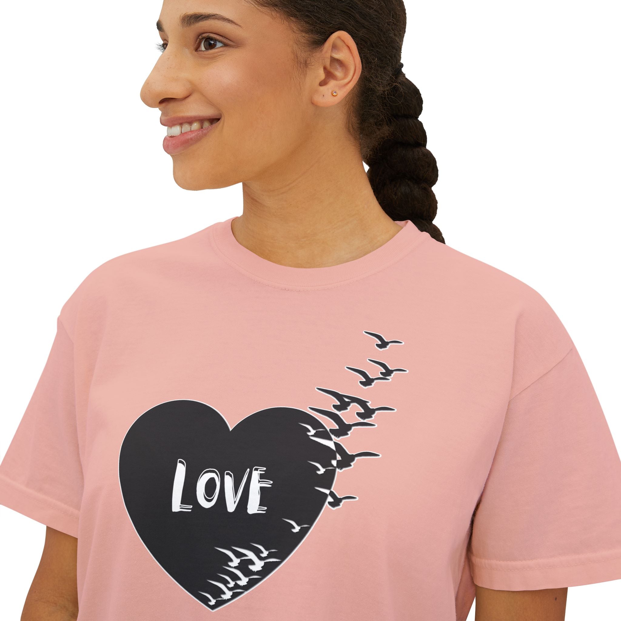 Love Bird Heart Boxy Tee — Women's Casual Graphic Shirt