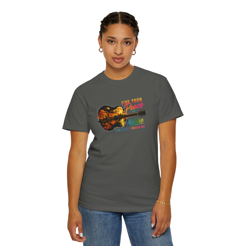 Acoustic Guitar Nature T-Shirt, Find Your Peace in Nature Tee, Music Lover Gift, Camping Shirt, Outdoor Graphic Tee, Hiking Shirt