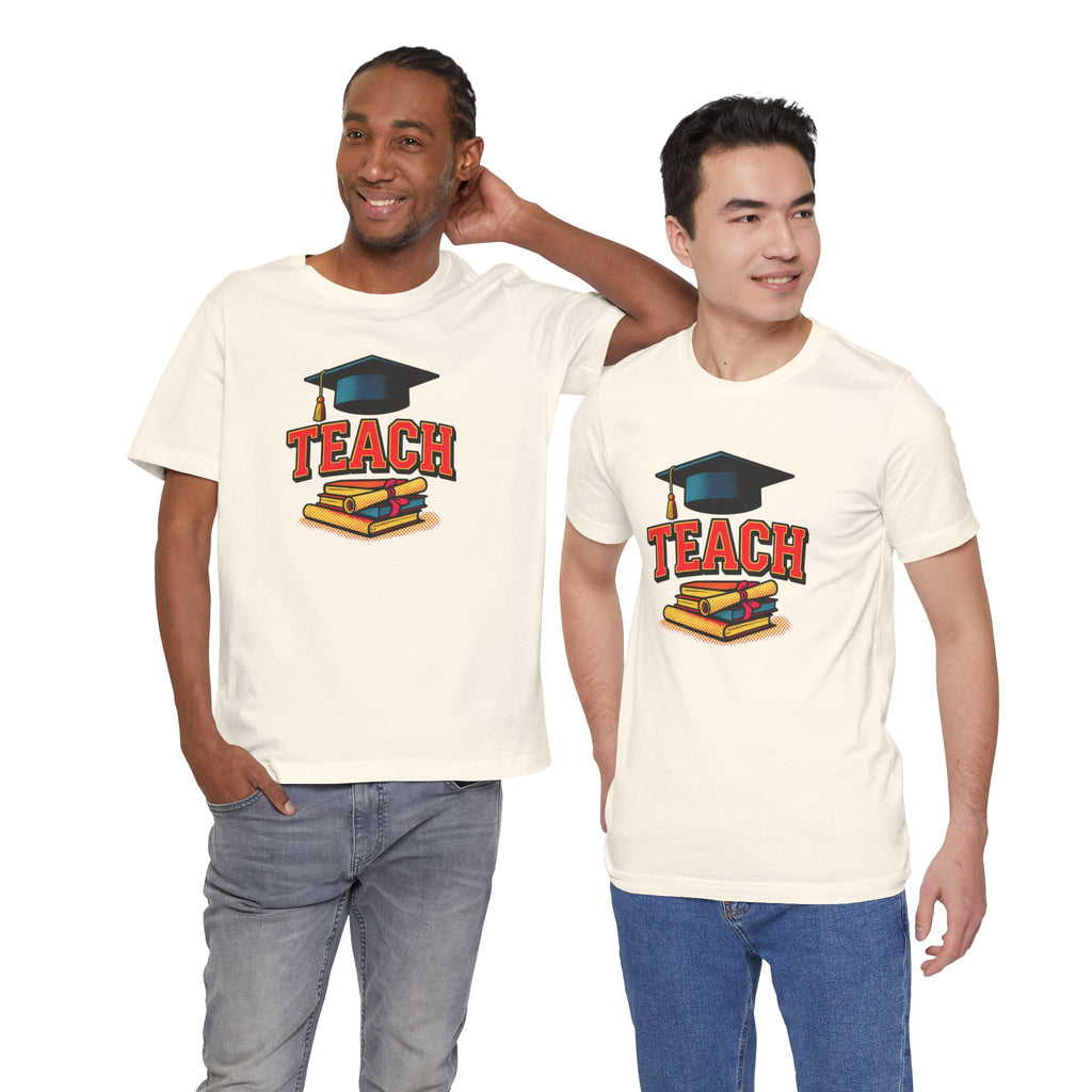 Teach Graduation T‑Shirt — Teacher Gift Tee with Cap & Books Design