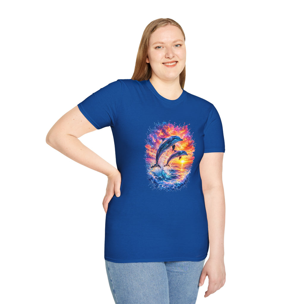 Dolphin Sunset TShirt  Vibrant Ocean Jump Graphic Tee