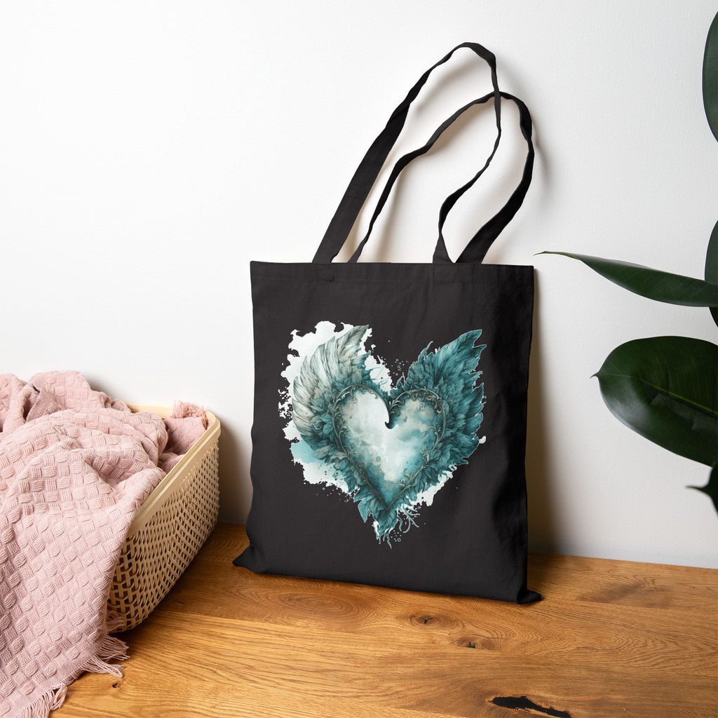 Cute Canvas Tote Bag with Teal Watercolor Angel Wings Heart Design