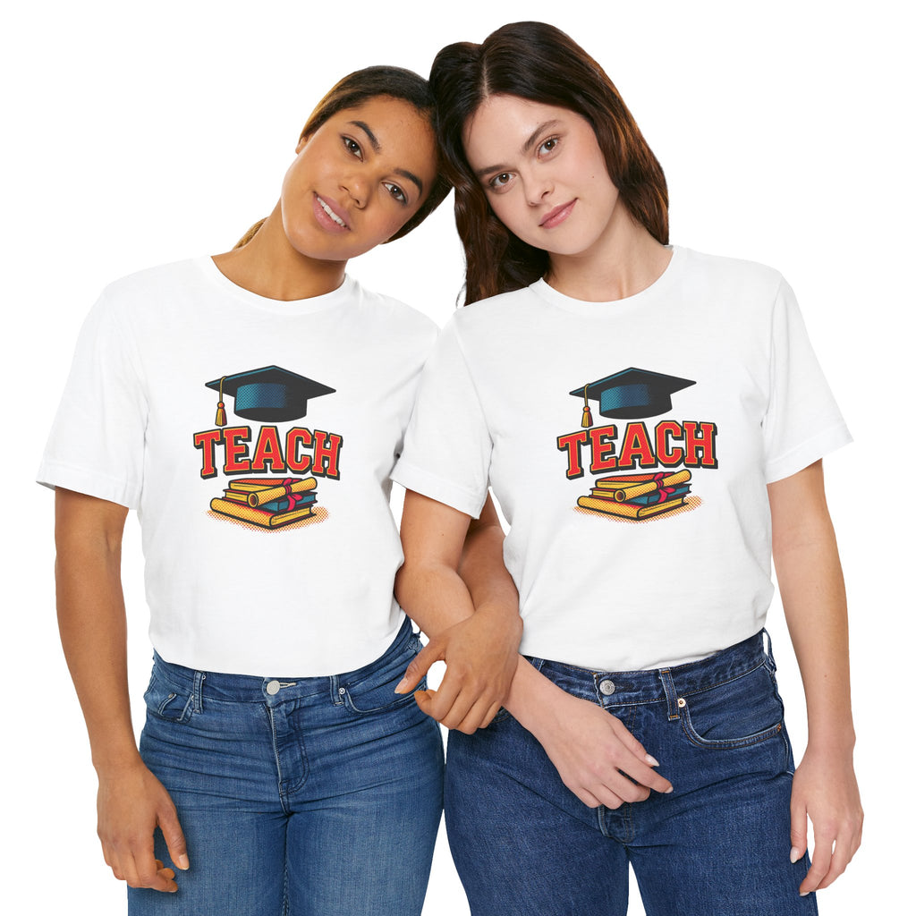 Teach Graduation T‑Shirt — Teacher Gift Tee with Cap & Books Design