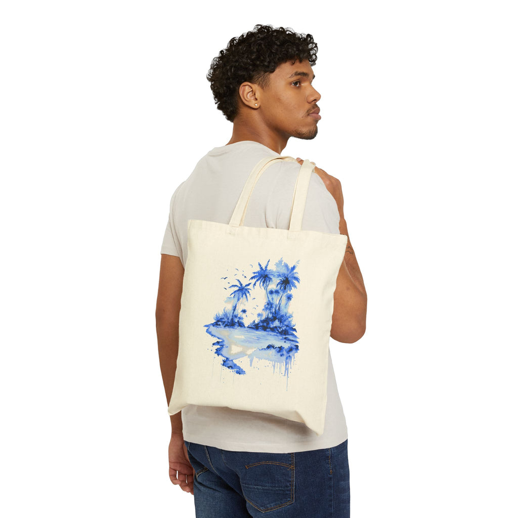 Blue Watercolor Tropical Island Tote Bag | Palm Trees Beach Canvas