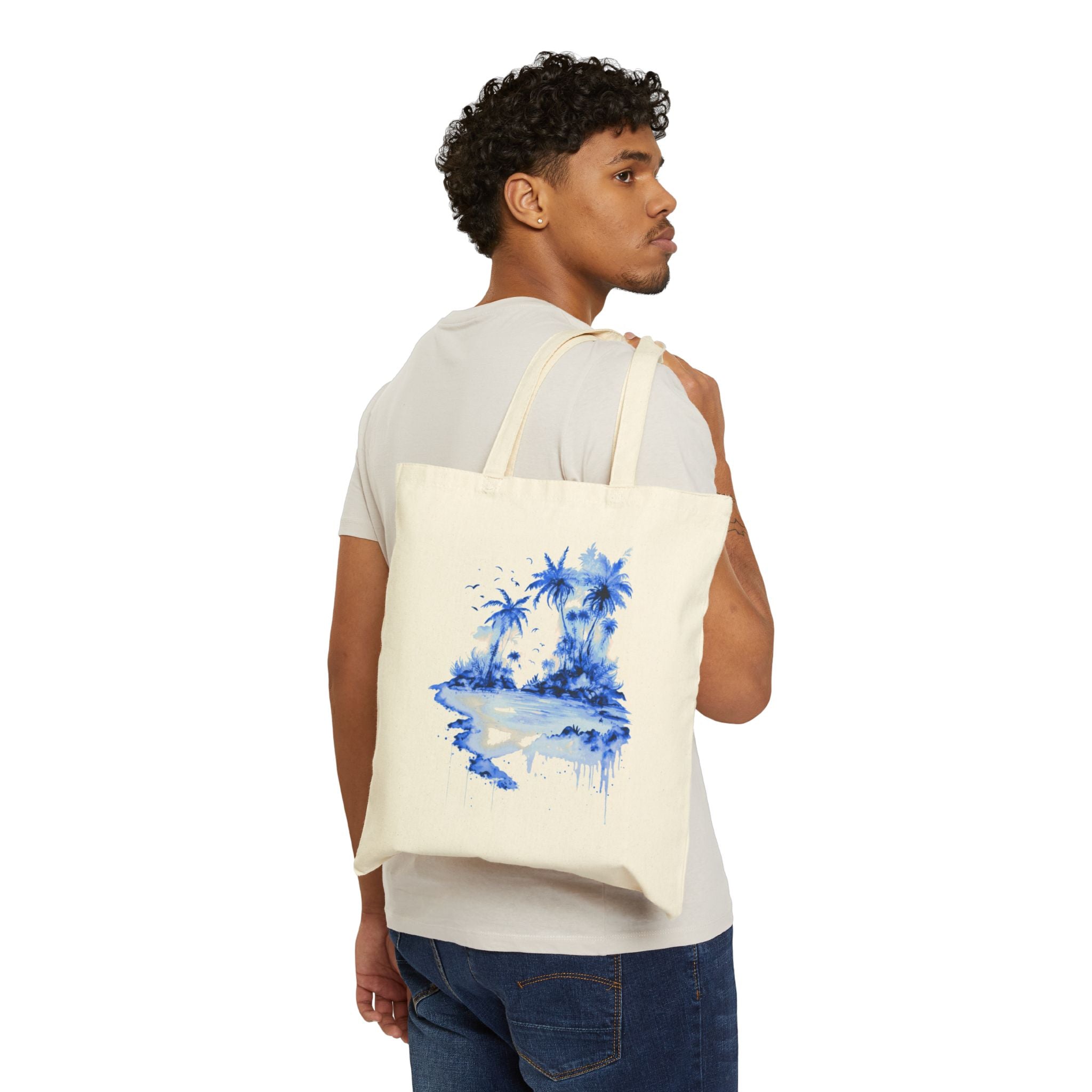 Blue Watercolor Tropical Island Tote Bag | Palm Trees Beach Canvas