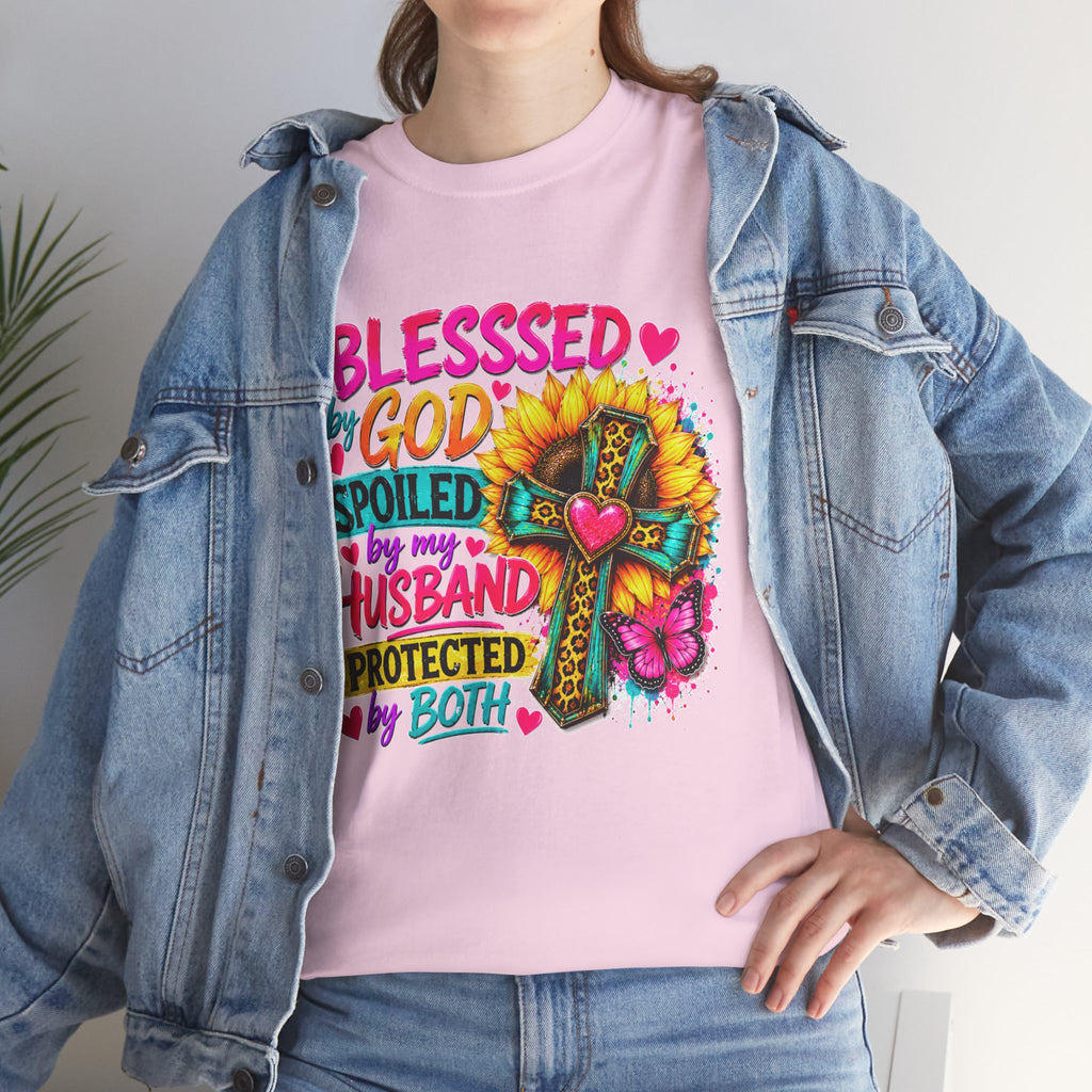 Blessed by God Spoiled by My Husband Tee — Christian Cross Floral Women's Shirt