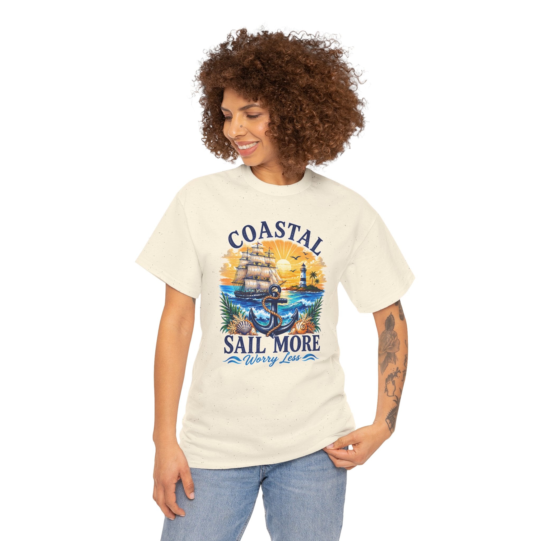 Coastal Sail More Worry Less T-Shirt | Nautical Beach Graphic Tee | Sailing Lover Shirt | Ocean Sunset Gift