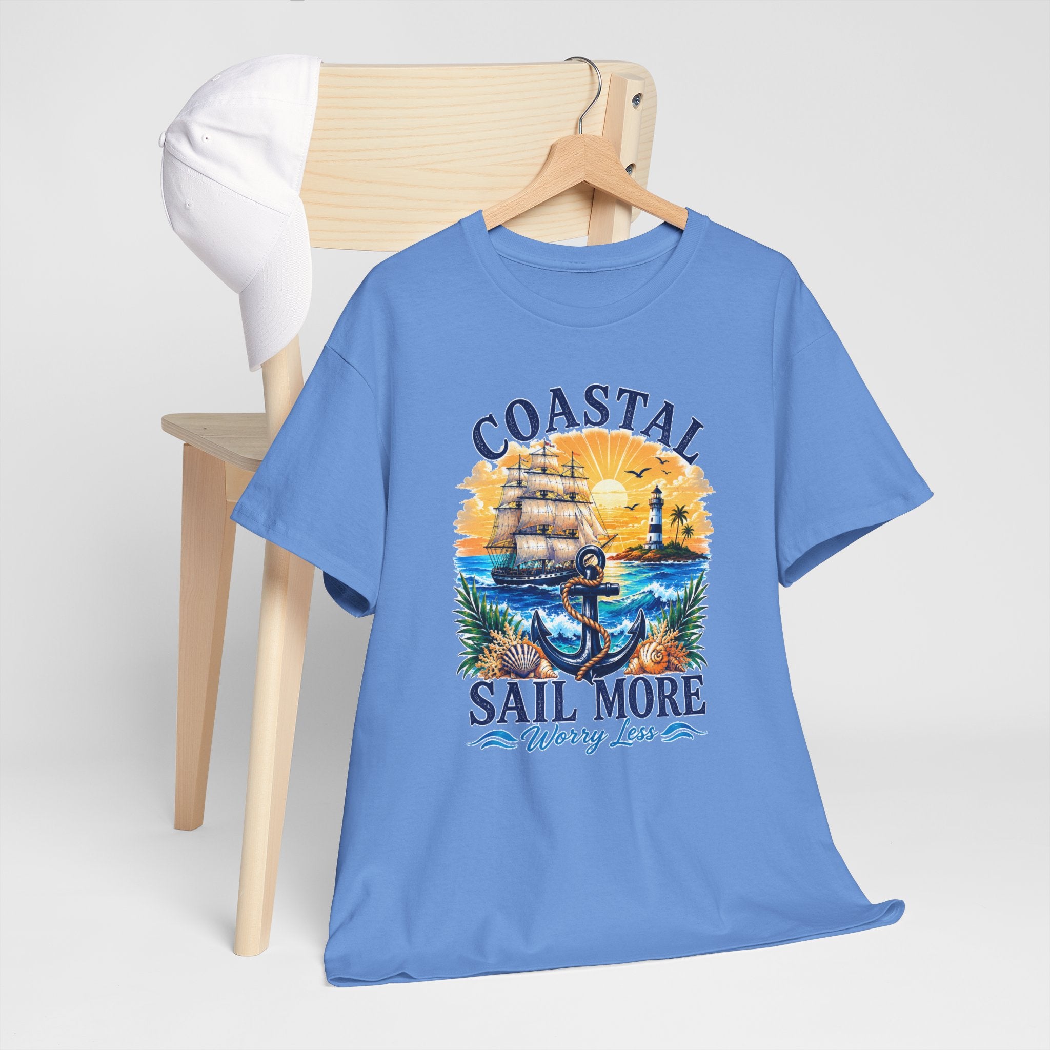 Coastal Sail More Worry Less T-Shirt | Nautical Beach Graphic Tee | Sailing Lover Shirt | Ocean Sunset Gift