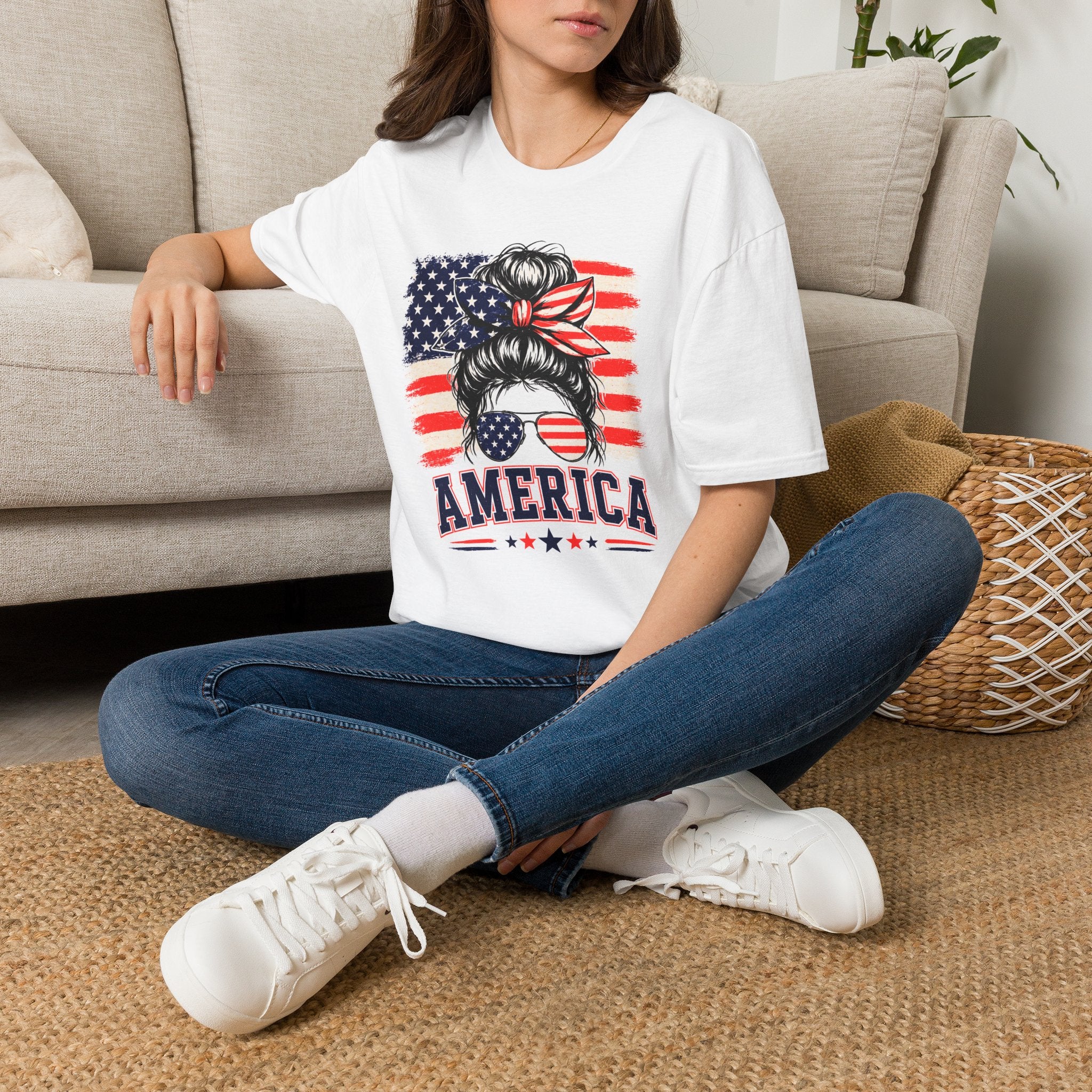 T-Shirt — Messy Bun American Flag Design (Patriotic Hair Band & Sunglasses)